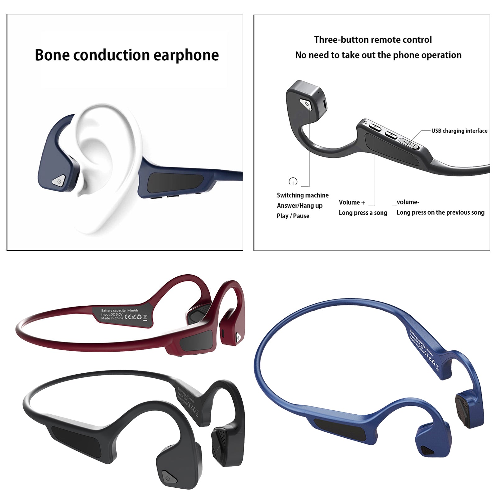 Bone Conduction Headset Bluetooth Wireless Outdoor Open Ear Headphones Black