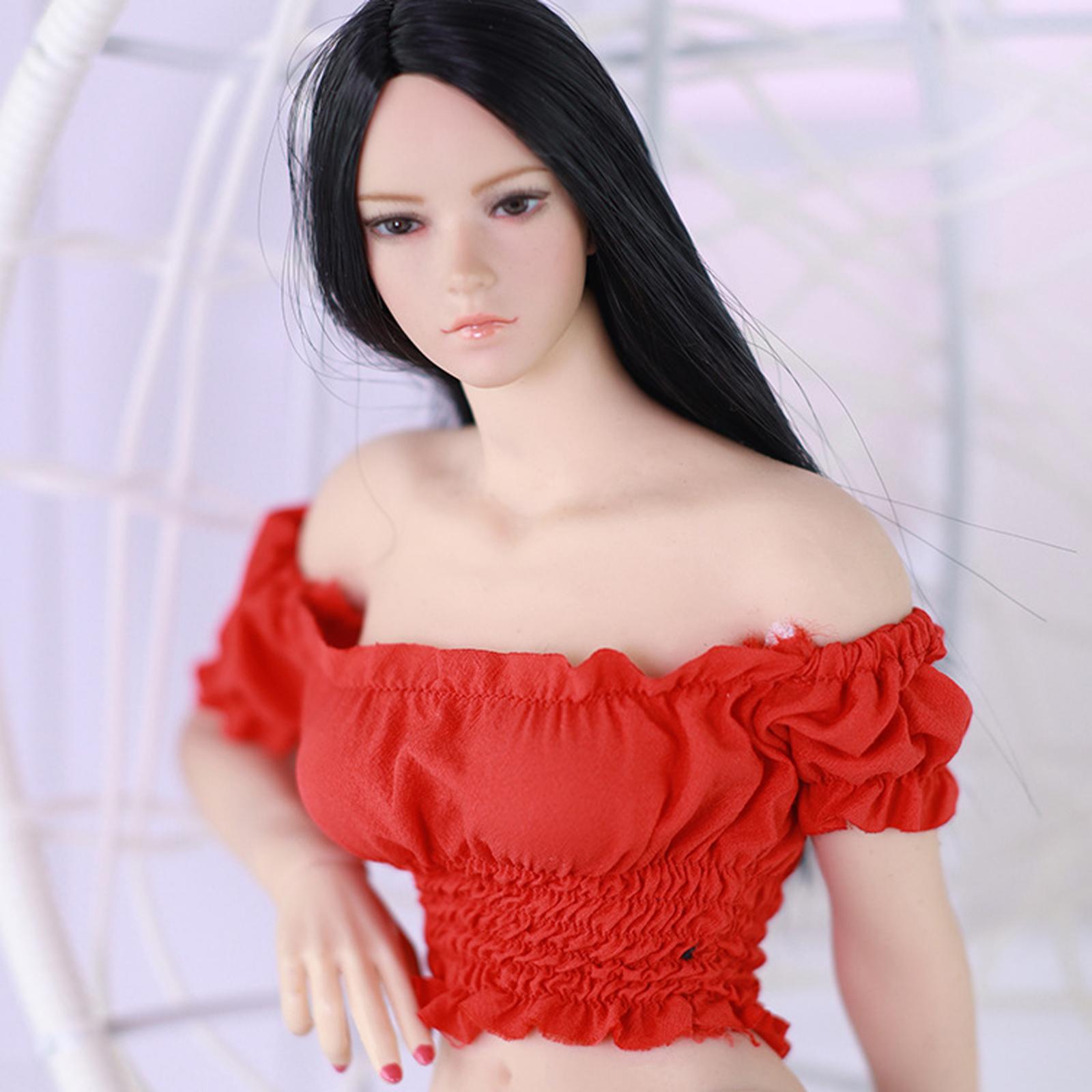 1/6 Female Clothes Puff Sleeve Top T-shirt Fit 12'' Action Figure Red D