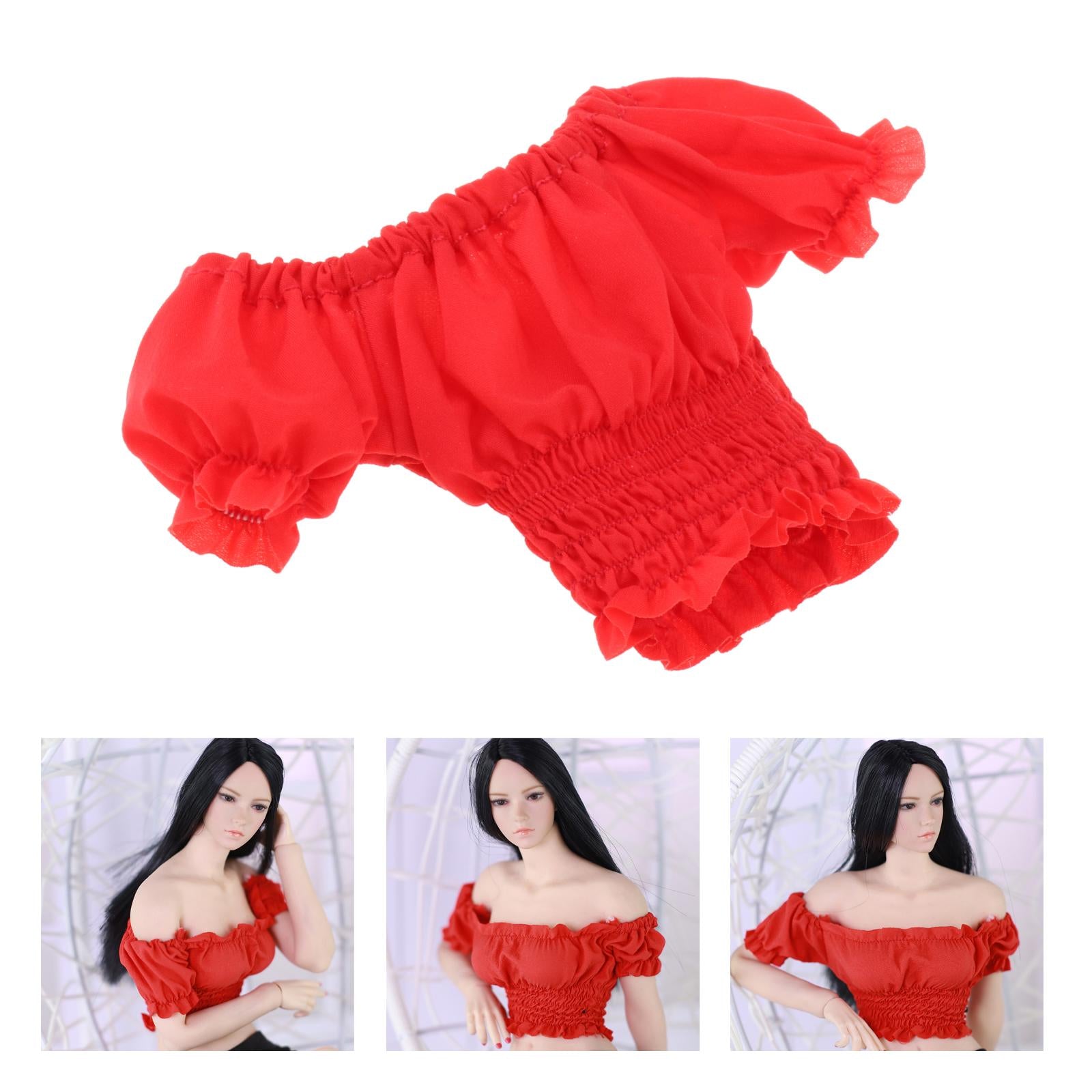 1/6 Female Clothes Puff Sleeve Top T-shirt Fit 12'' Action Figure Red D