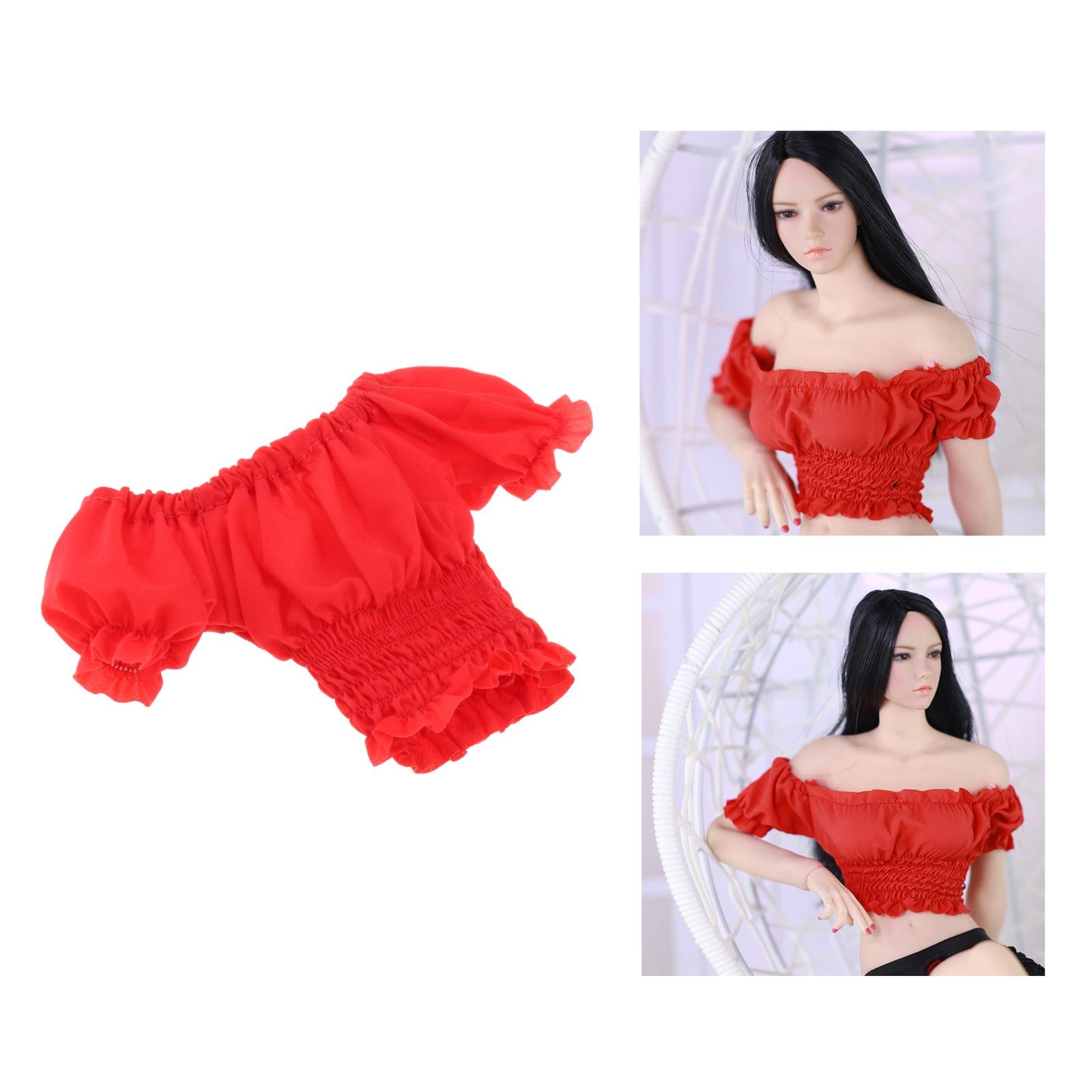 1/6 Female Clothes Puff Sleeve Top T-shirt Fit 12'' Action Figure Red D