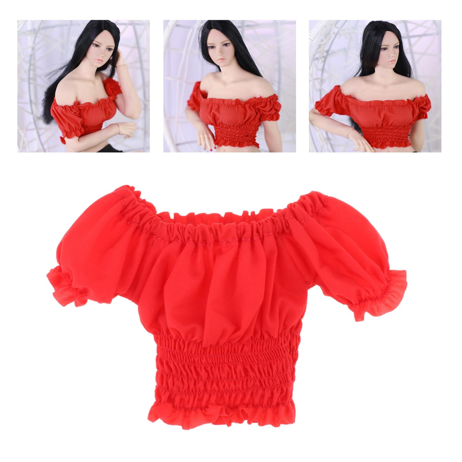 1/6 Female Clothes Puff Sleeve Top T-shirt Fit 12'' Action Figure Red D