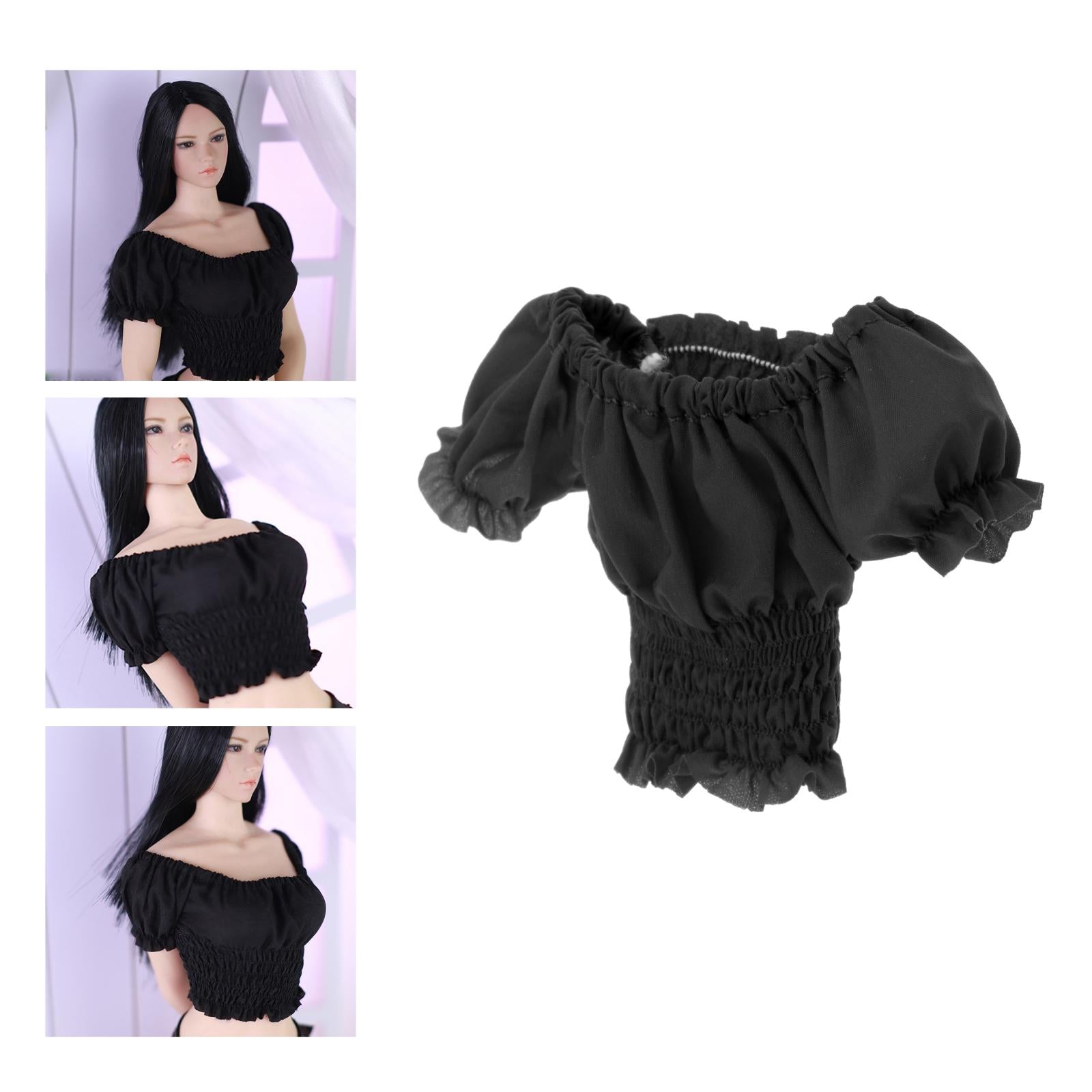 1/6 Female Clothes Puff Sleeve Top T-shirt Fit 12'' Action Figure Black B