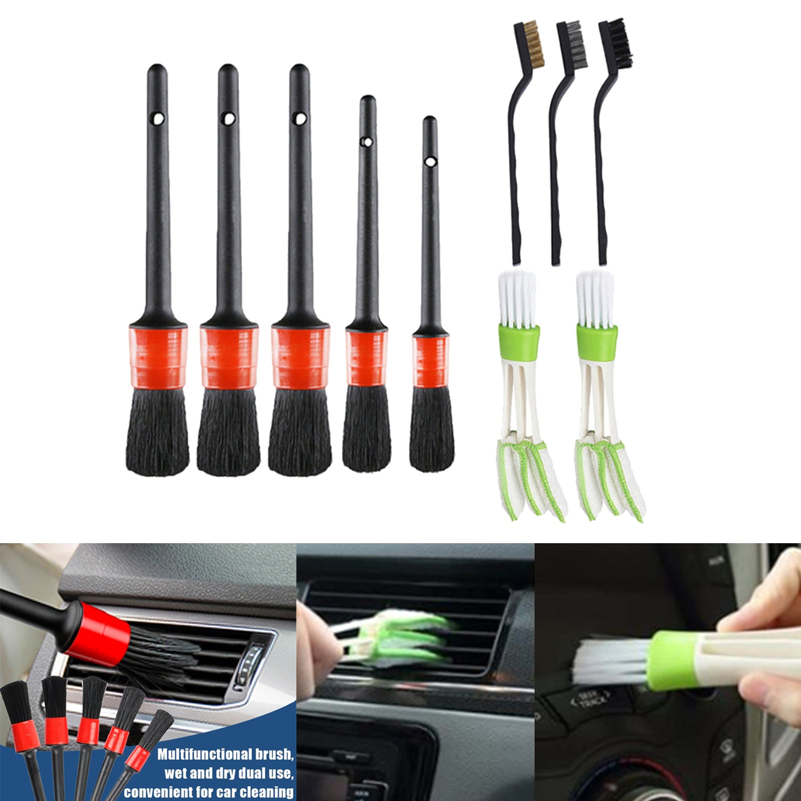 10pcs Car Cleaning Brush Set w/ Wire Brush Automotive Air Conditioner Brush