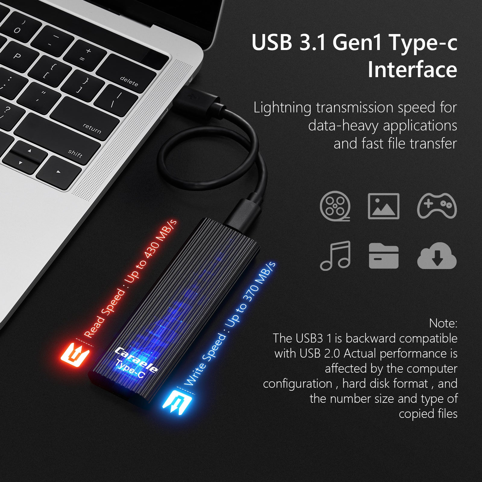 500GB SSD External Portable Storage USB 3.1 Gen-1 USB-C Compatible black