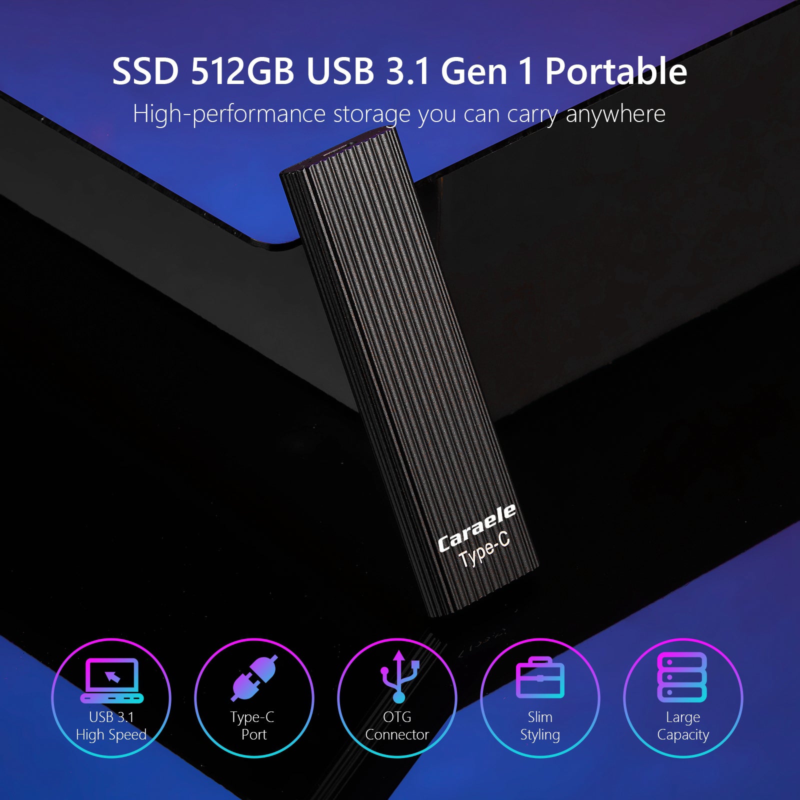 500GB SSD External Portable Storage USB 3.1 Gen-1 USB-C Compatible black