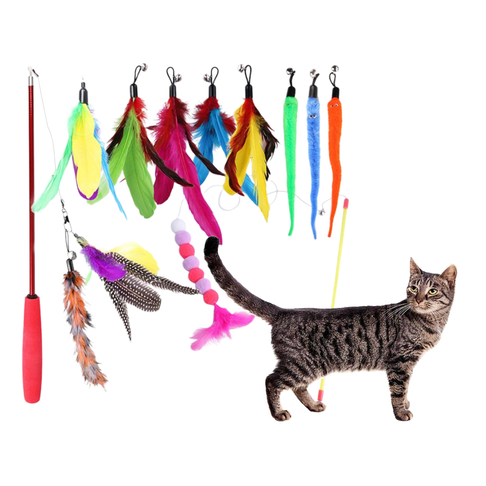 Feather Interactive Teaser Wand Toys with 8 Refills for Cats Birds Training