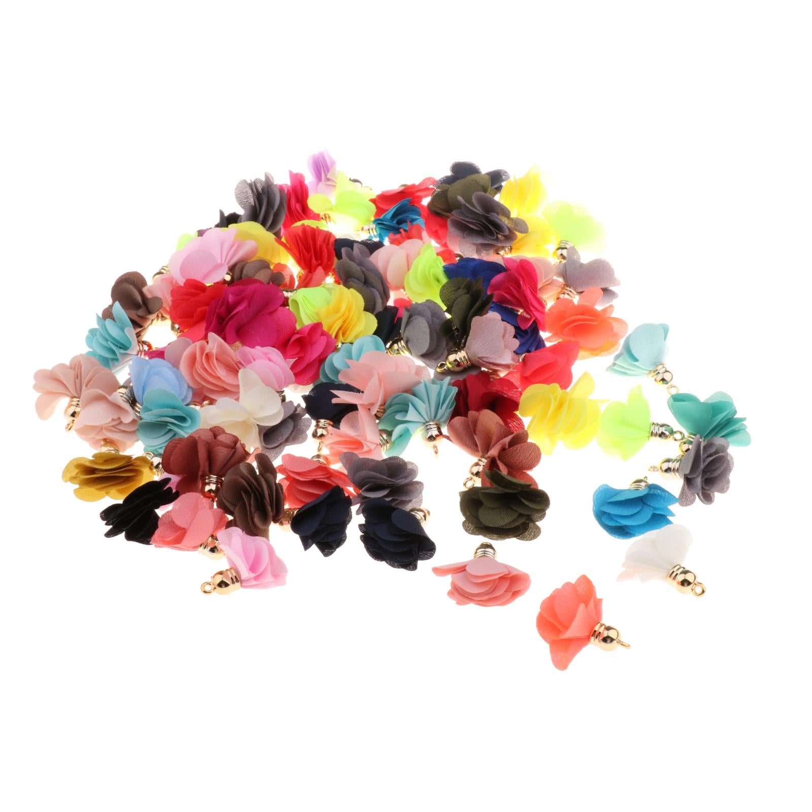 100x Chiffon Flower Pendant Fabric Petal Tassel For Necklace Key Chain