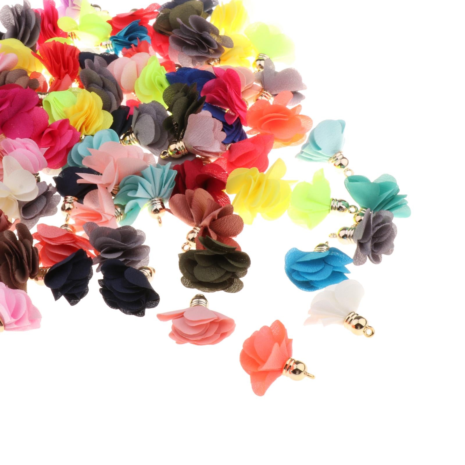 100x Chiffon Flower Pendant Fabric Petal Tassel For Necklace Key Chain