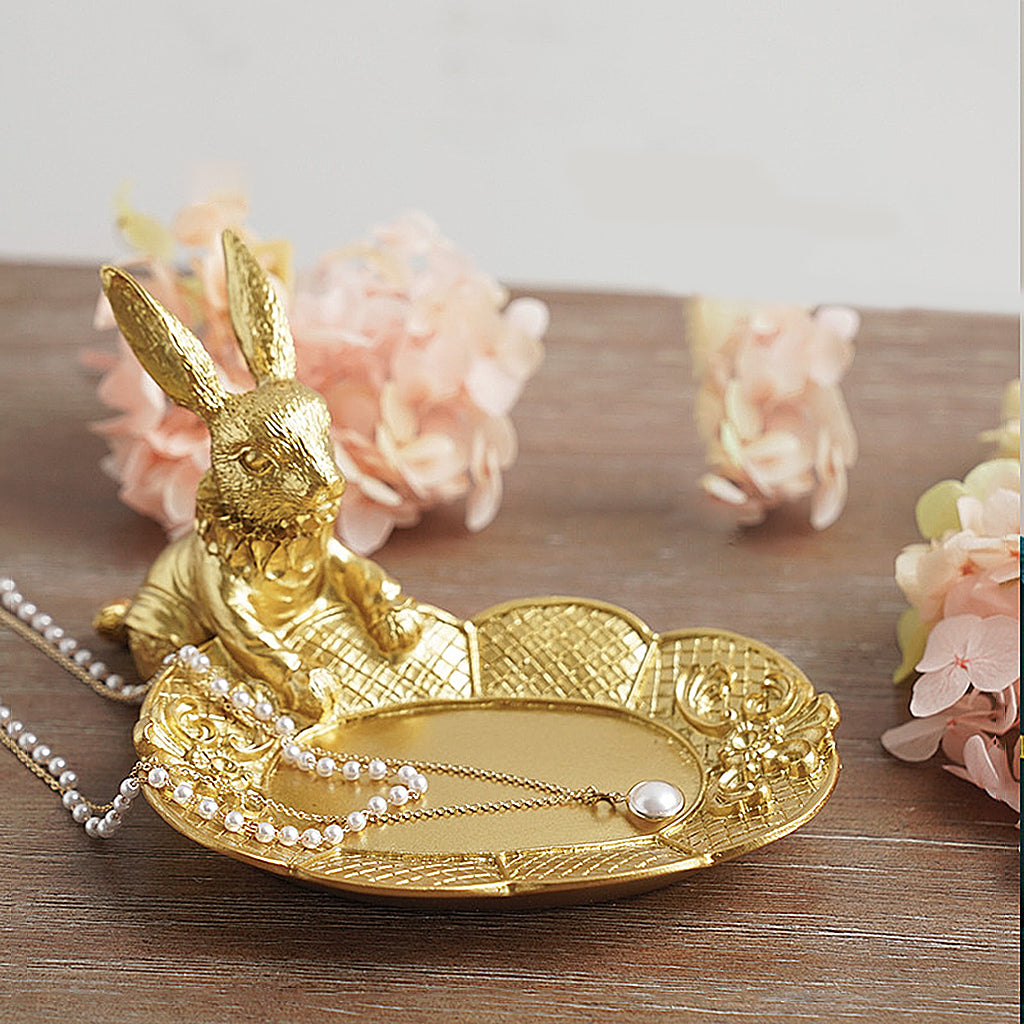 Jewelry Display Tray Golden Rabbit Figurine Earring Organizer Dish Lady Gift