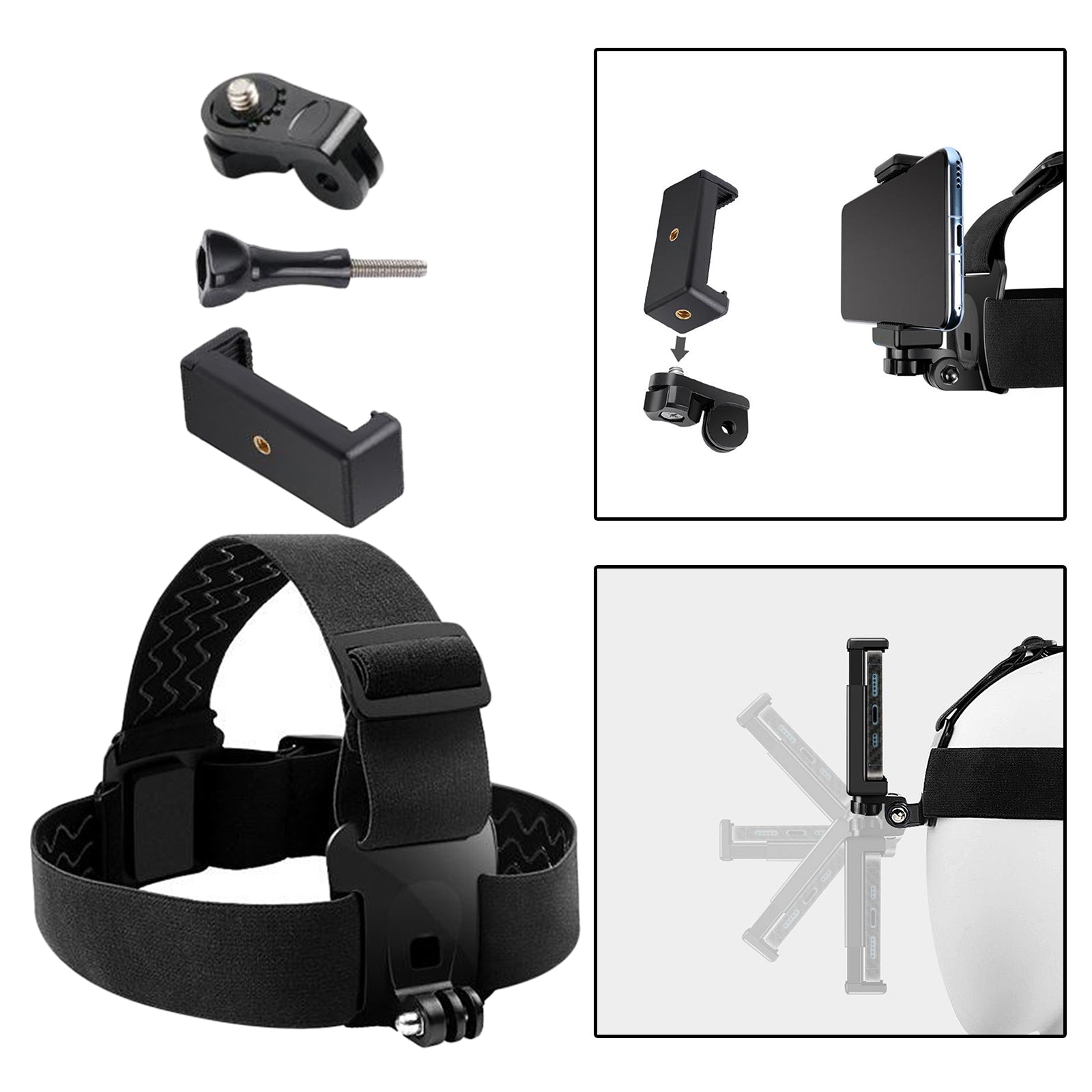 Head Strap Mount Holder w/ Clip for GoPro Sports Camera Mobile Phone Black