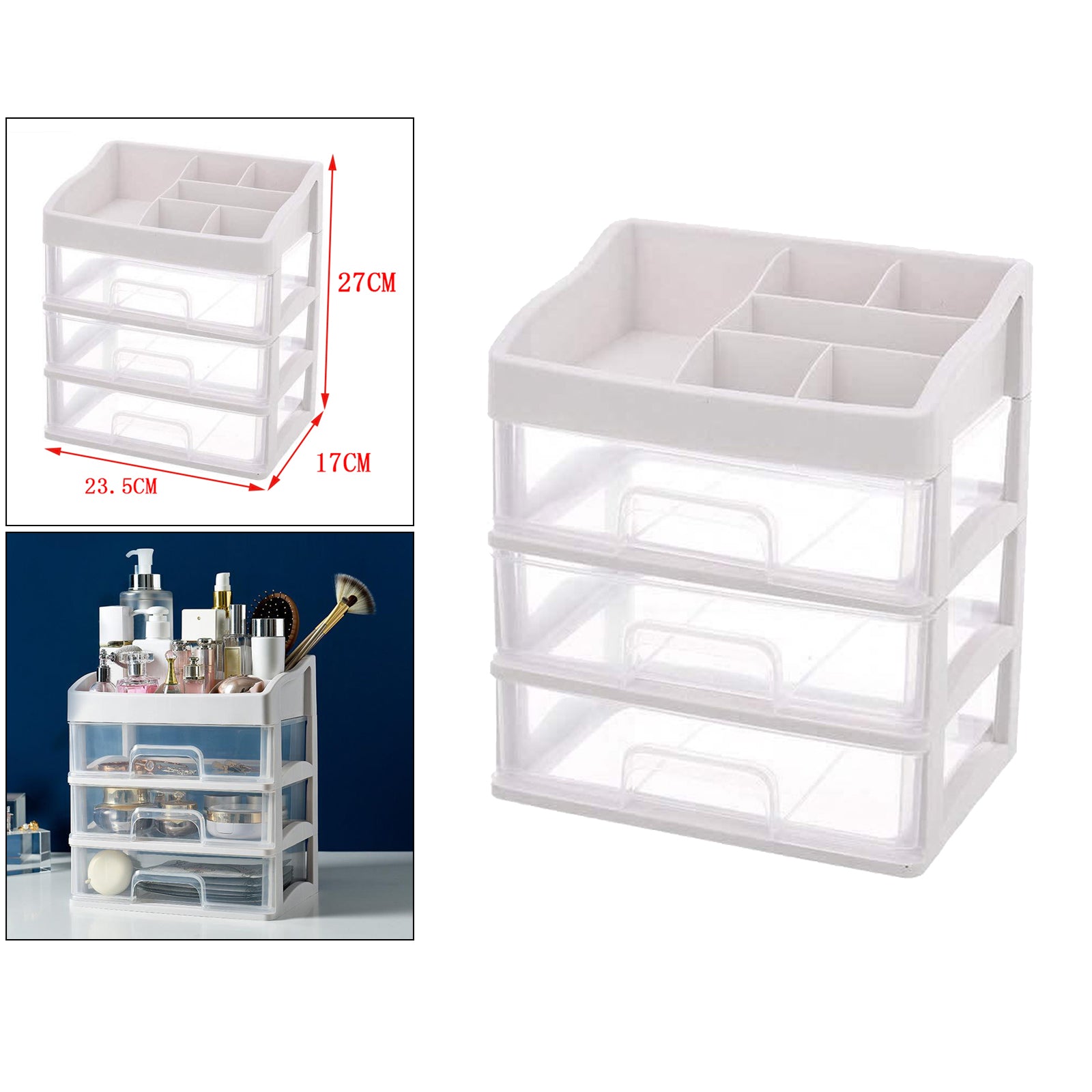 Cosmetic Storage Makeup Rack Drawer Organizer Display Box for Vanity 3 Tier