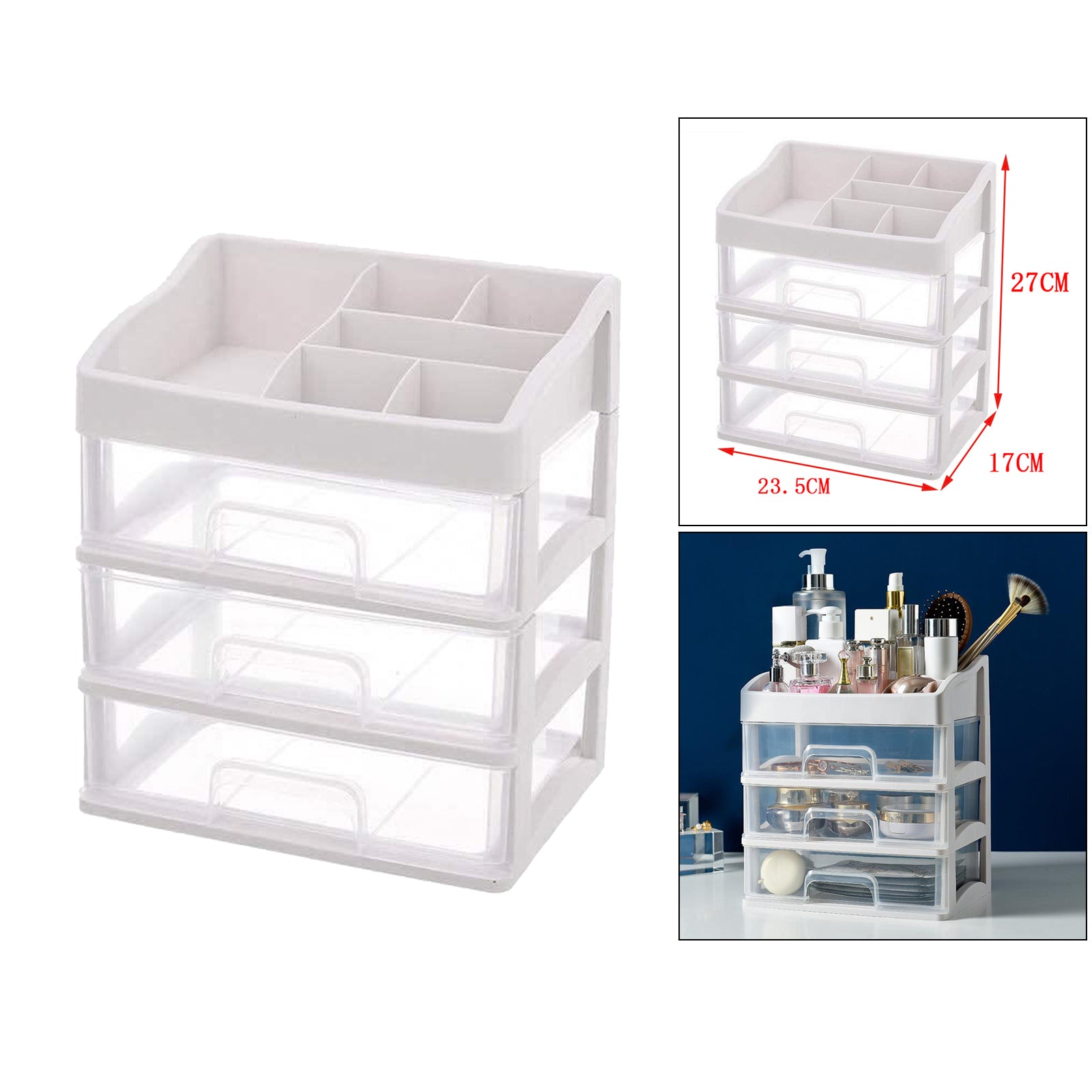 Cosmetic Storage Makeup Rack Drawer Organizer Display Box for Vanity 3 Tier