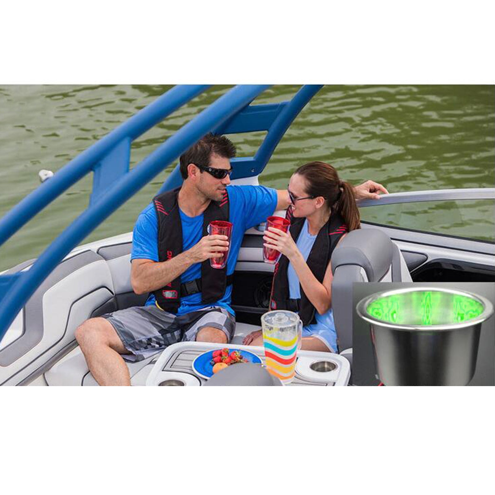 Stainless Steel Cup Bottle LED Drink Holder DC12V Light Truck Yacht Green