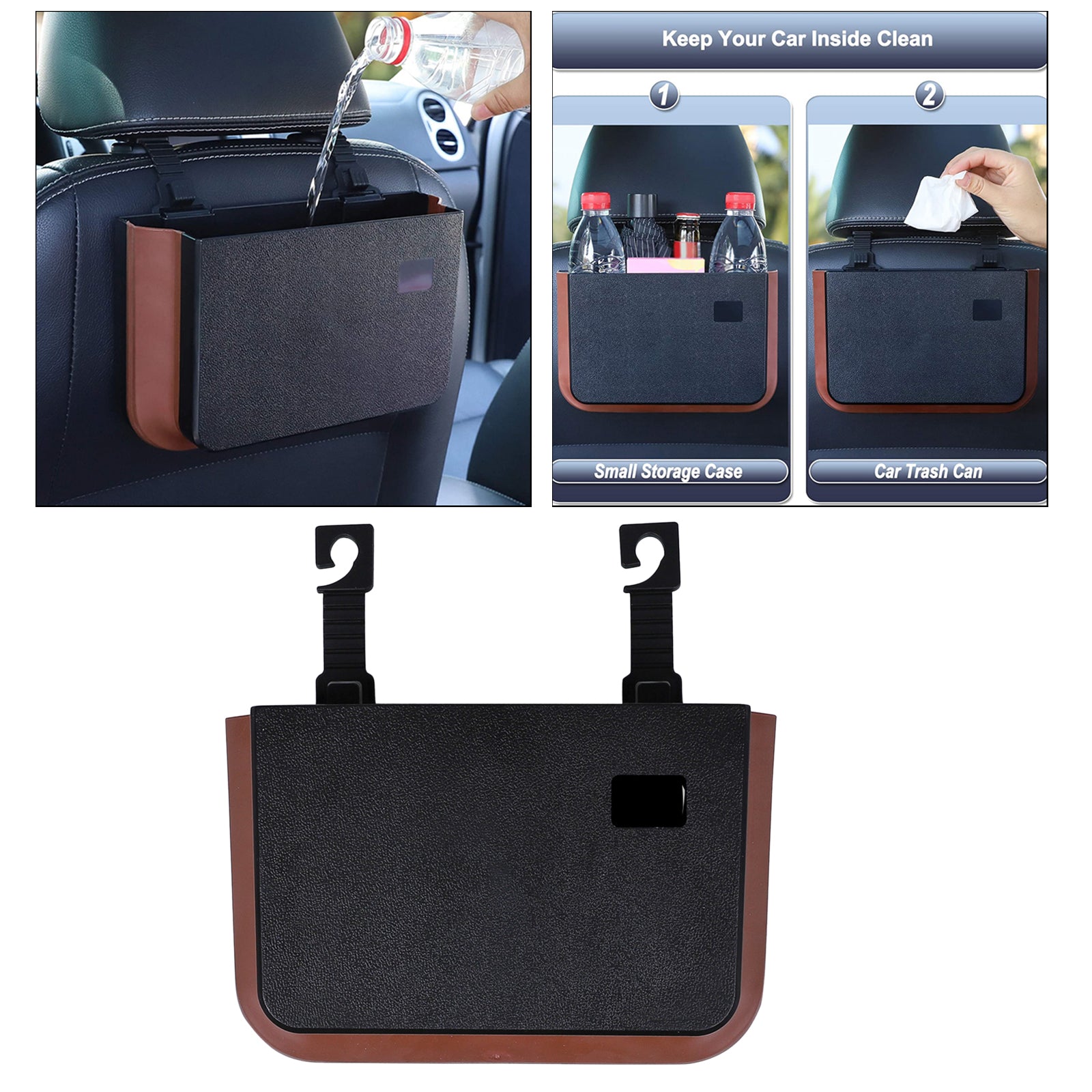 Waterproof Hanging Car Trash Can Organizer Storage Pockets Container  Black