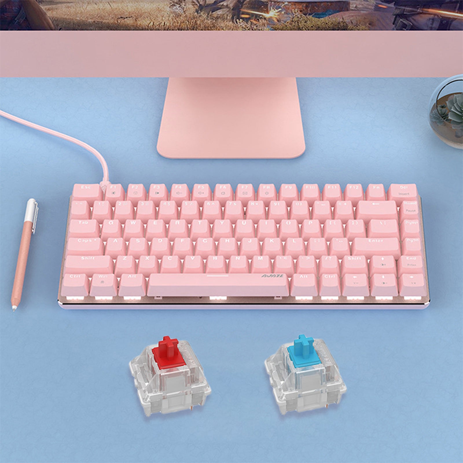 Pink Gaming Wired Keyboard 82 Keys Mini Compact for Desktop Gamer A