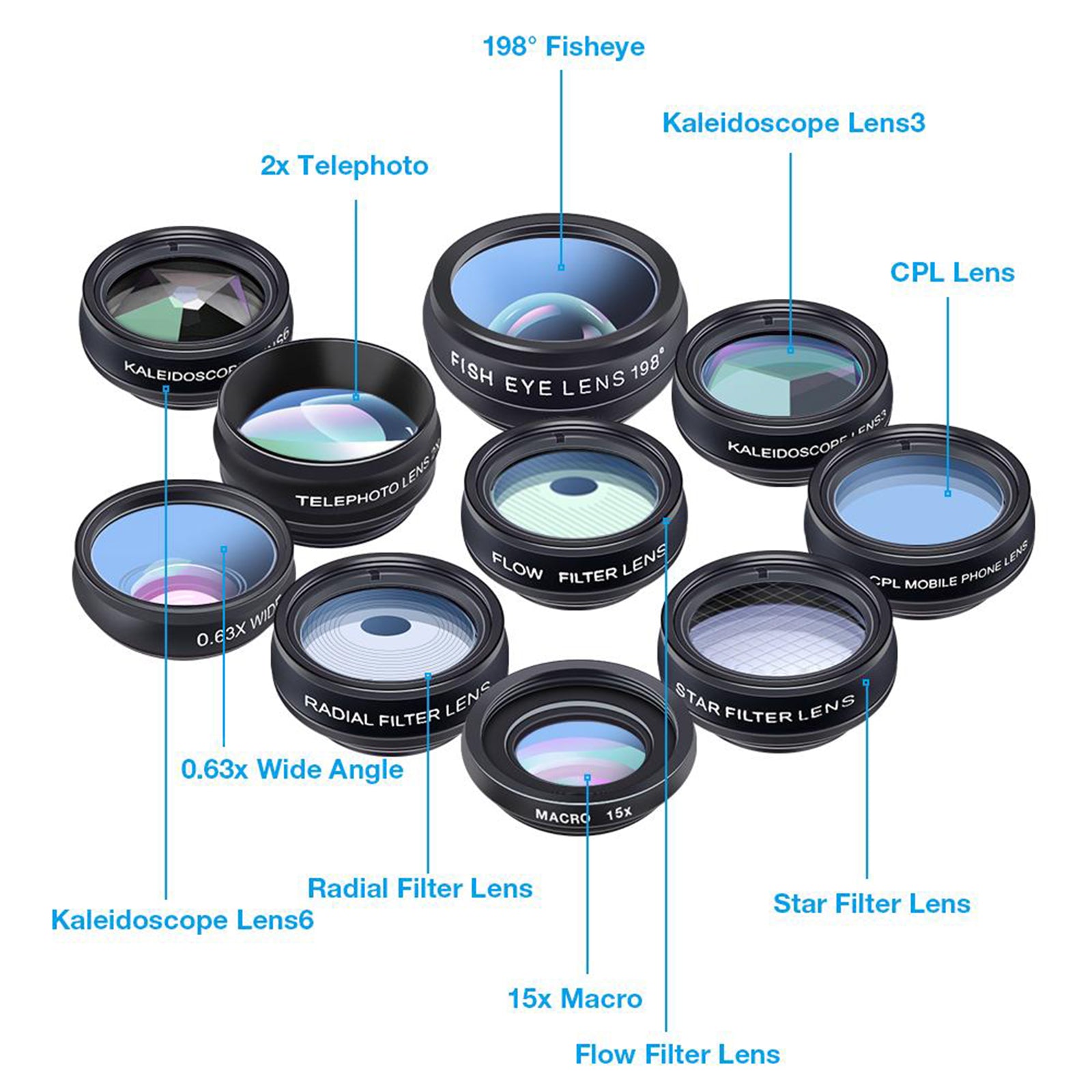 10 in1 Phone Camera Lens Kit Telephoto CPL Radial for Most Phone Camera