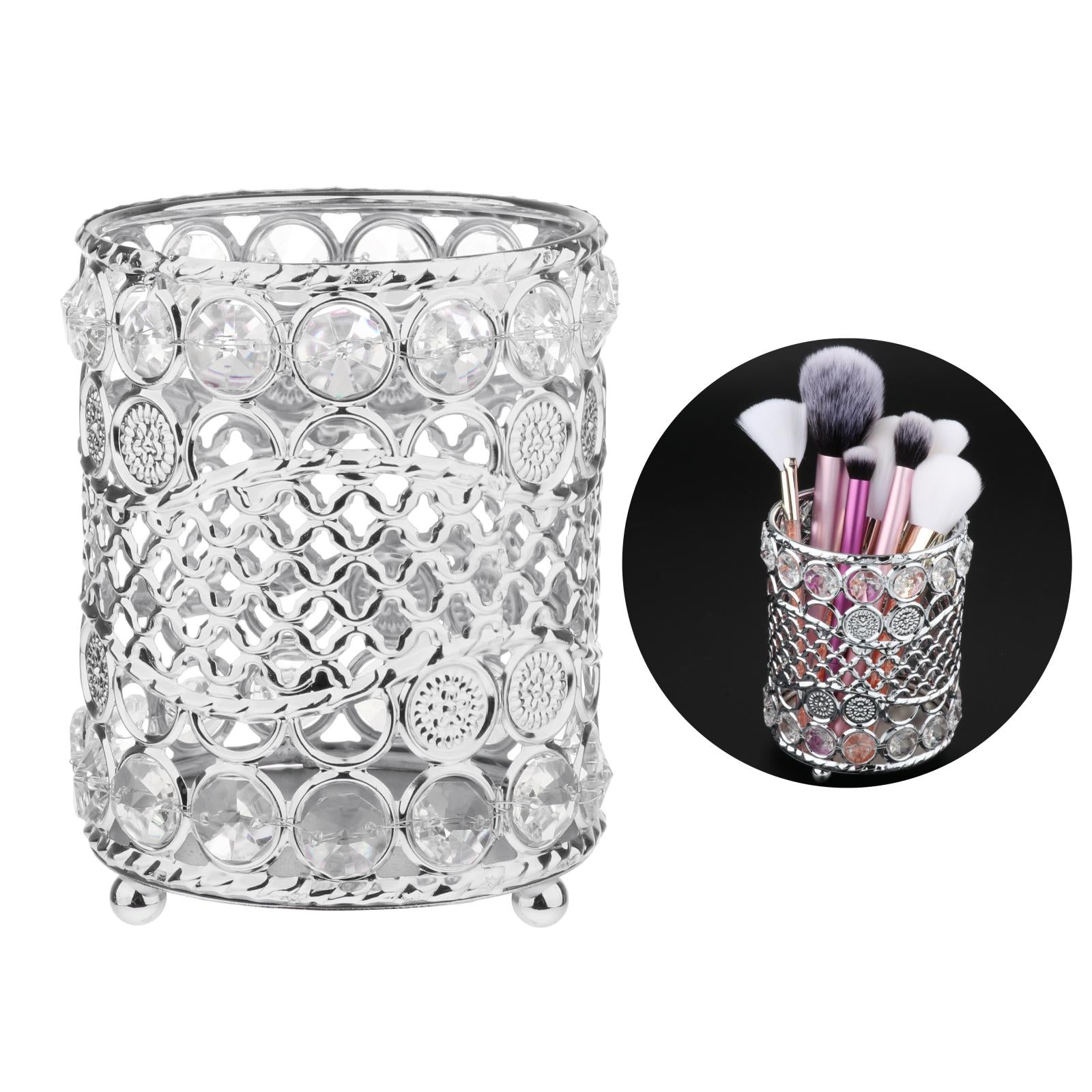 Crystal Makeup Brush Jewelry Storage Holder Pen Container Crystal Silver