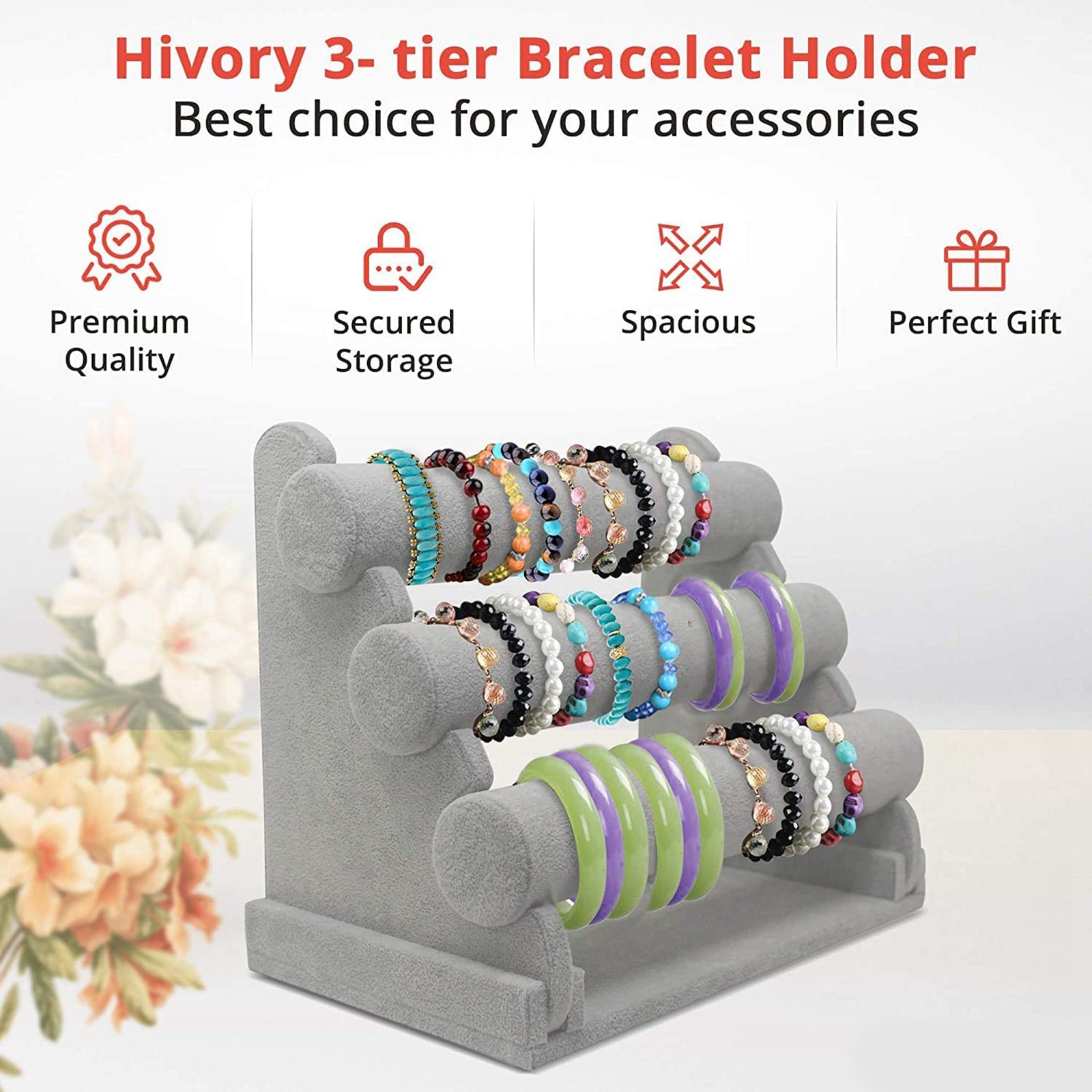 3-Tier Velvet Jewelry Bracelet Watch Display Holder Stand Organizer Grey