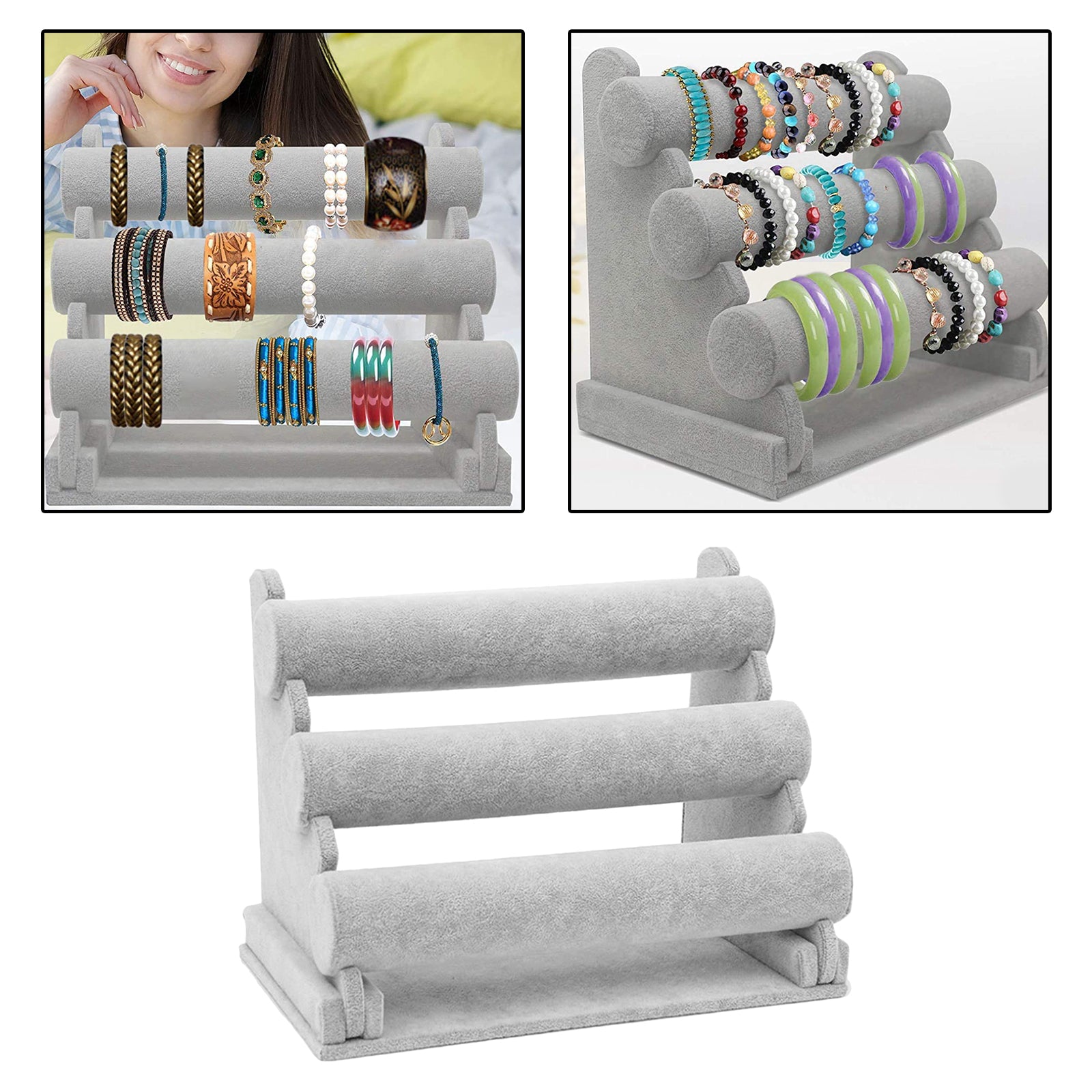 3-Tier Velvet Jewelry Bracelet Watch Display Holder Stand Organizer Grey