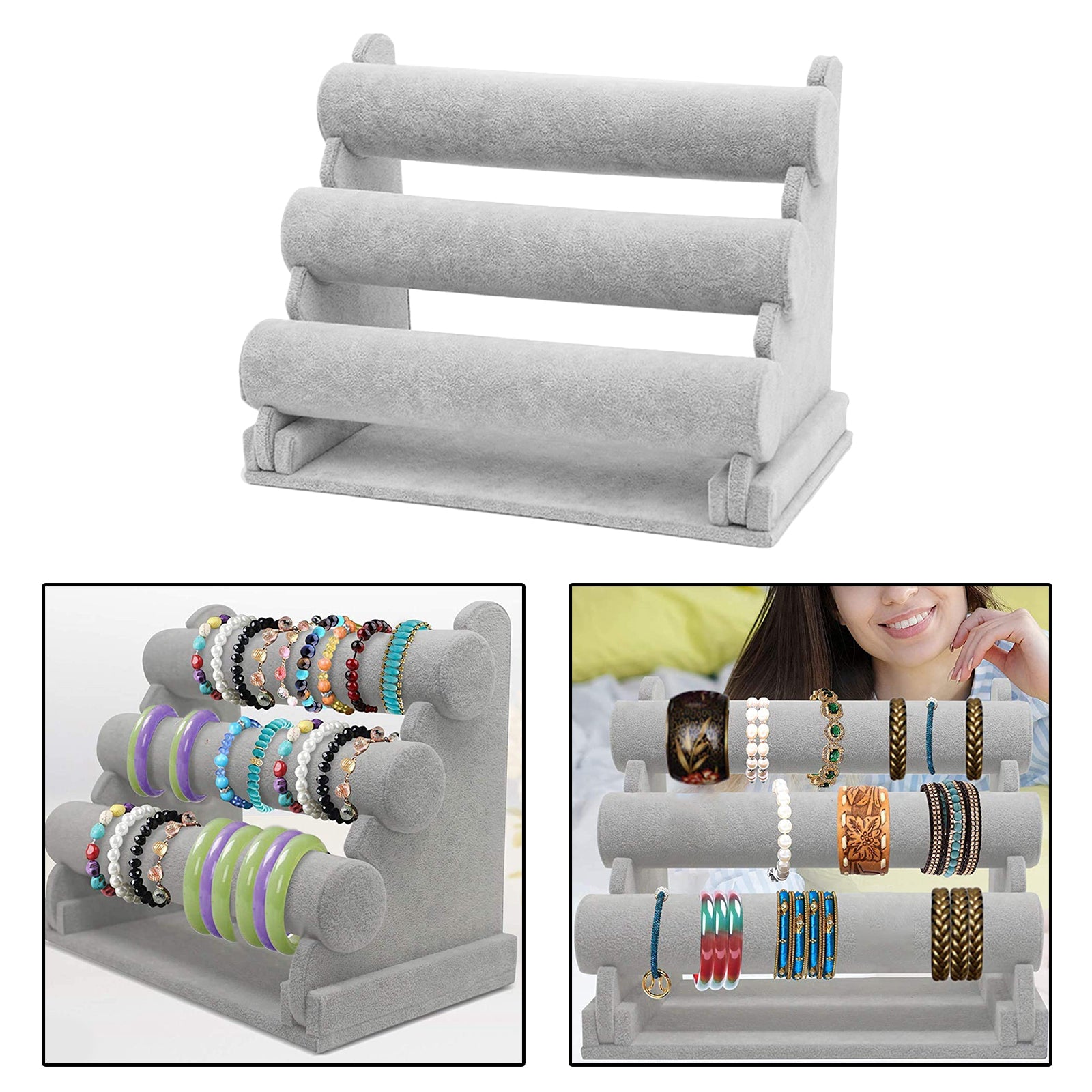 3-Tier Velvet Jewelry Bracelet Watch Display Holder Stand Organizer Grey