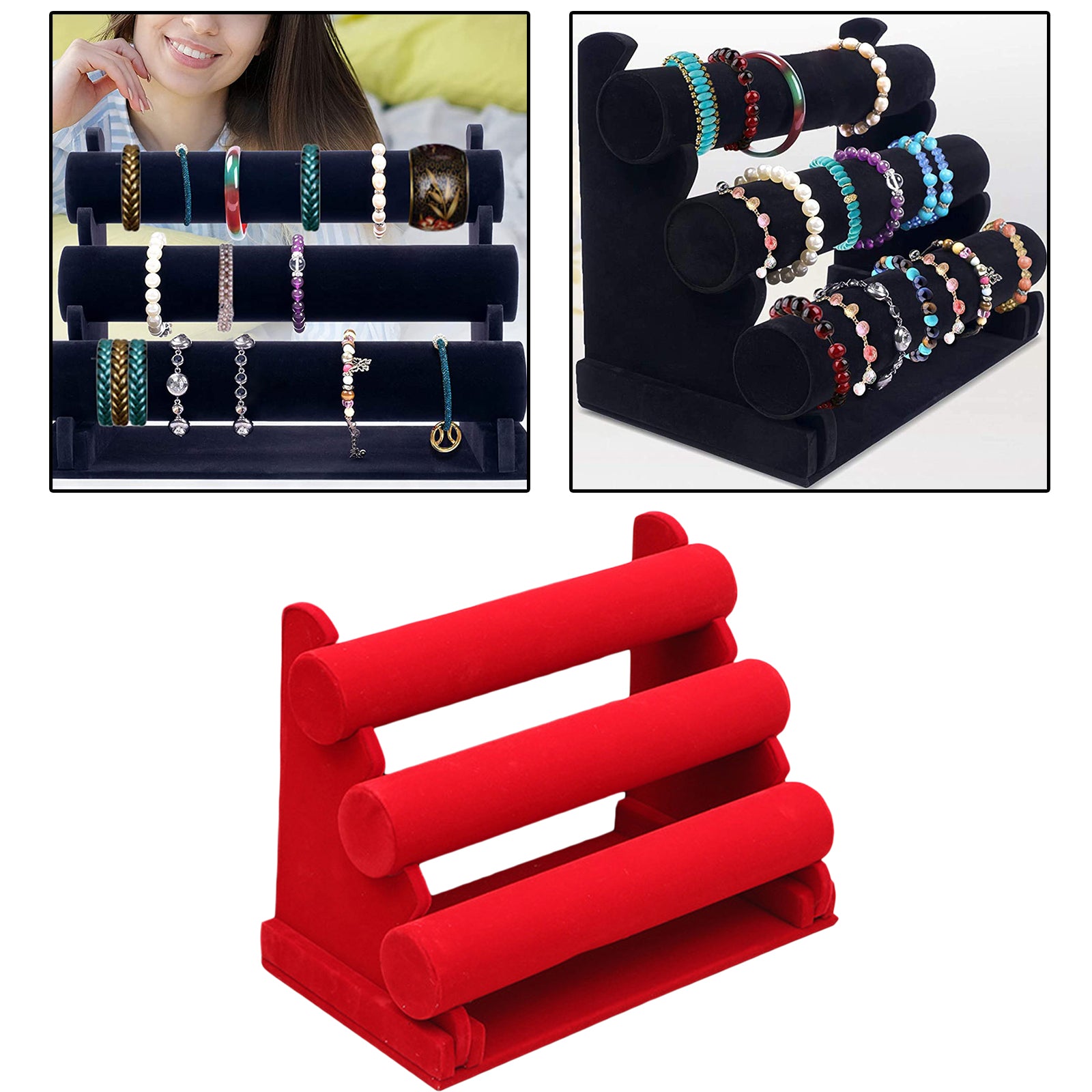 3-Tier Velvet Jewelry Bracelet Watch Display Holder Stand Organizer Red