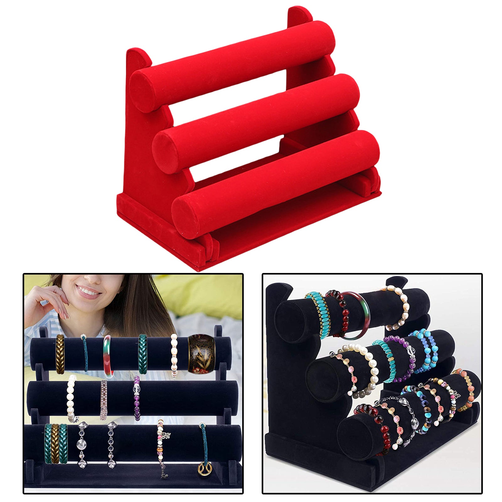 3-Tier Velvet Jewelry Bracelet Watch Display Holder Stand Organizer Red