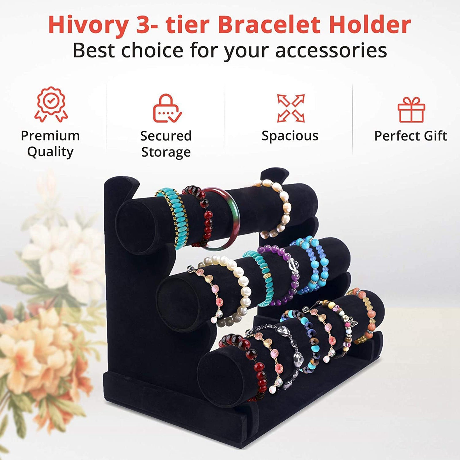 3-Tier Velvet Jewelry Bracelet Watch Display Holder Stand Organizer Black