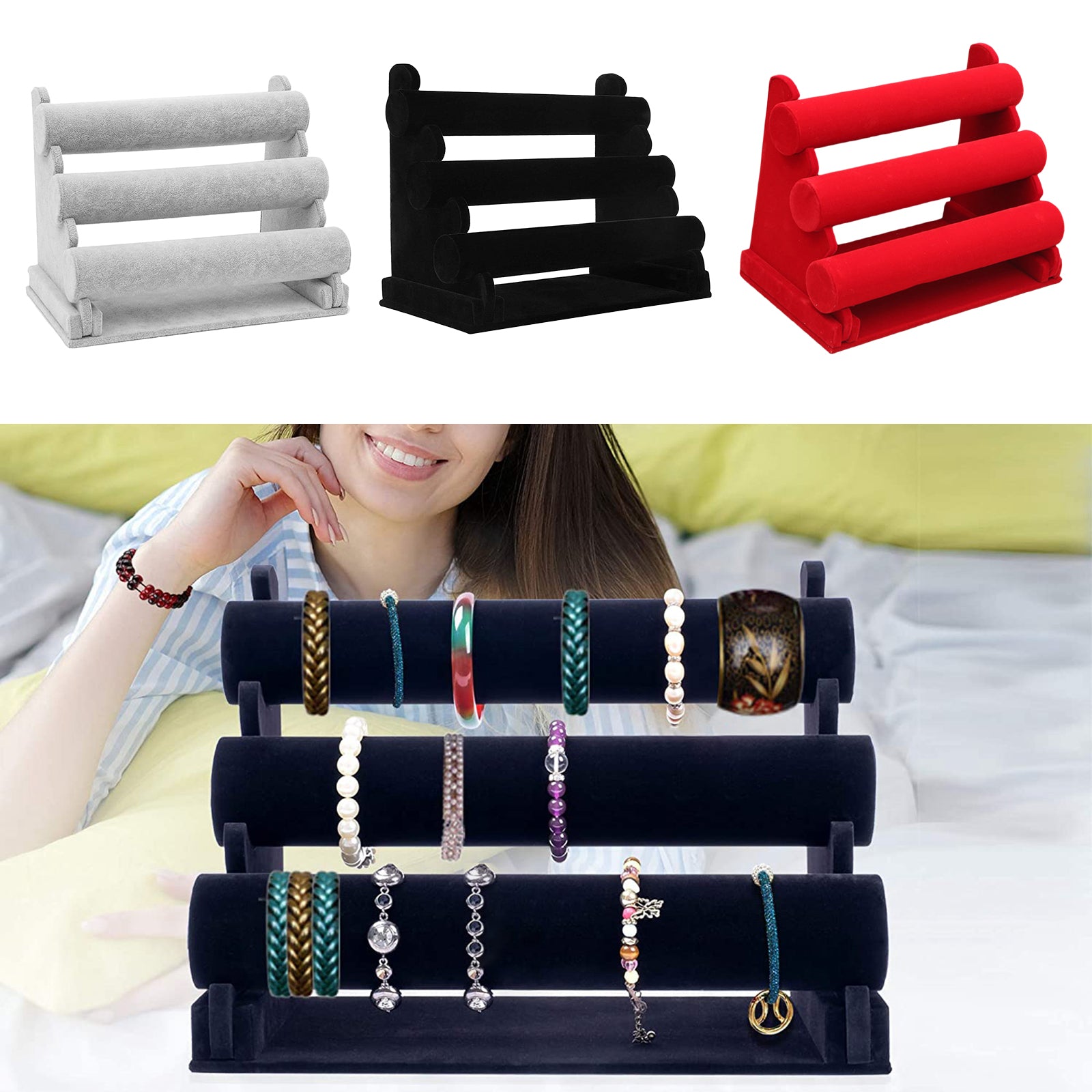 3-Tier Velvet Jewelry Bracelet Watch Display Holder Stand Organizer Black