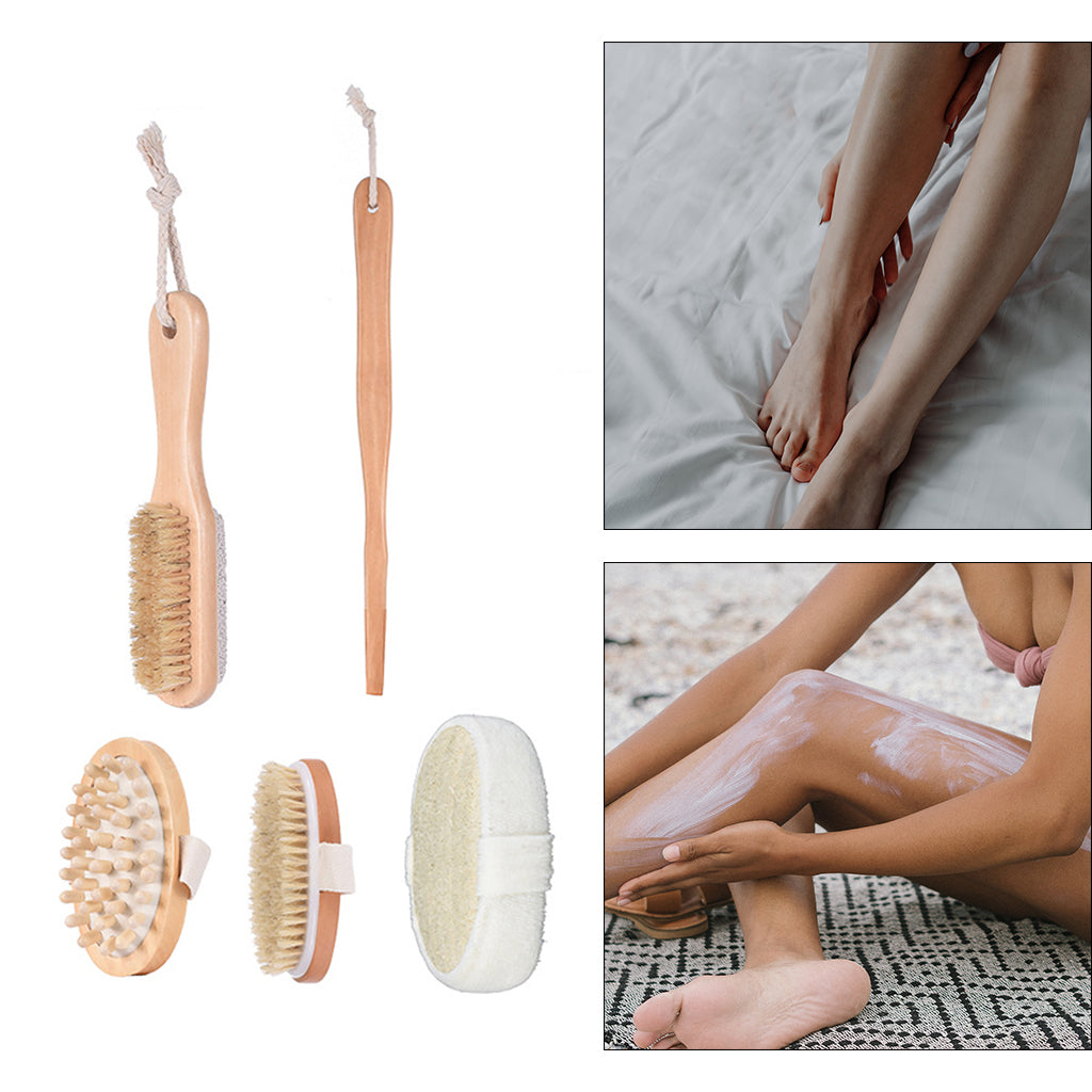 Exfoliating Bath Body Brush Set Natural Boar Bristle Wooden Brush Massager