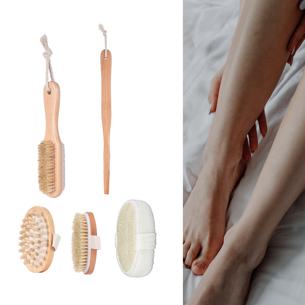 Exfoliating Bath Body Brush Set Natural Boar Bristle Wooden Brush Massager