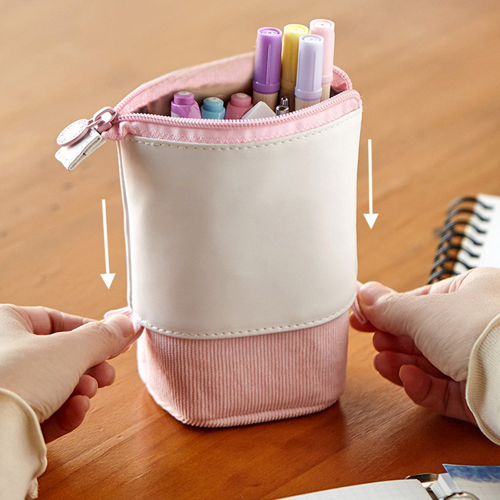 Pen Telescopic Holder Case Portable PU Corduroy Cosmetics Pouch Makeup Bag pink