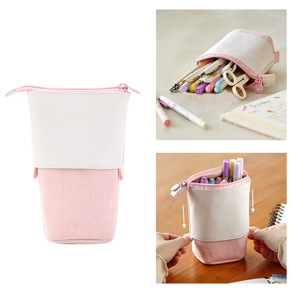 Pen Telescopic Holder Case Portable PU Corduroy Cosmetics Pouch Makeup Bag pink