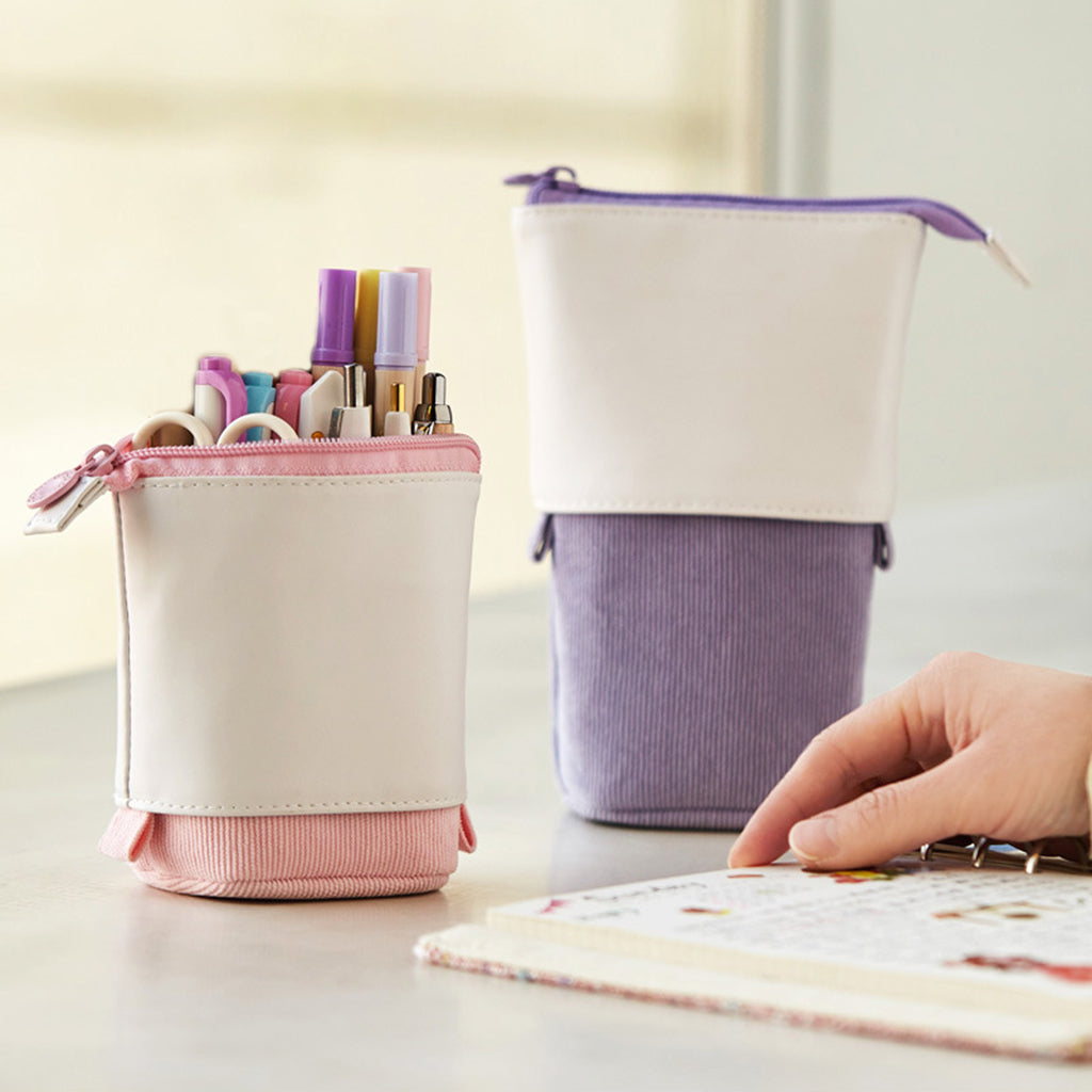 Pen Telescopic Holder Case Portable PU Corduroy Cosmetics Pouch Makeup Bag purple