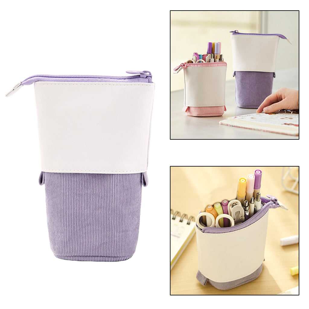 Pen Telescopic Holder Case Portable PU Corduroy Cosmetics Pouch Makeup Bag purple