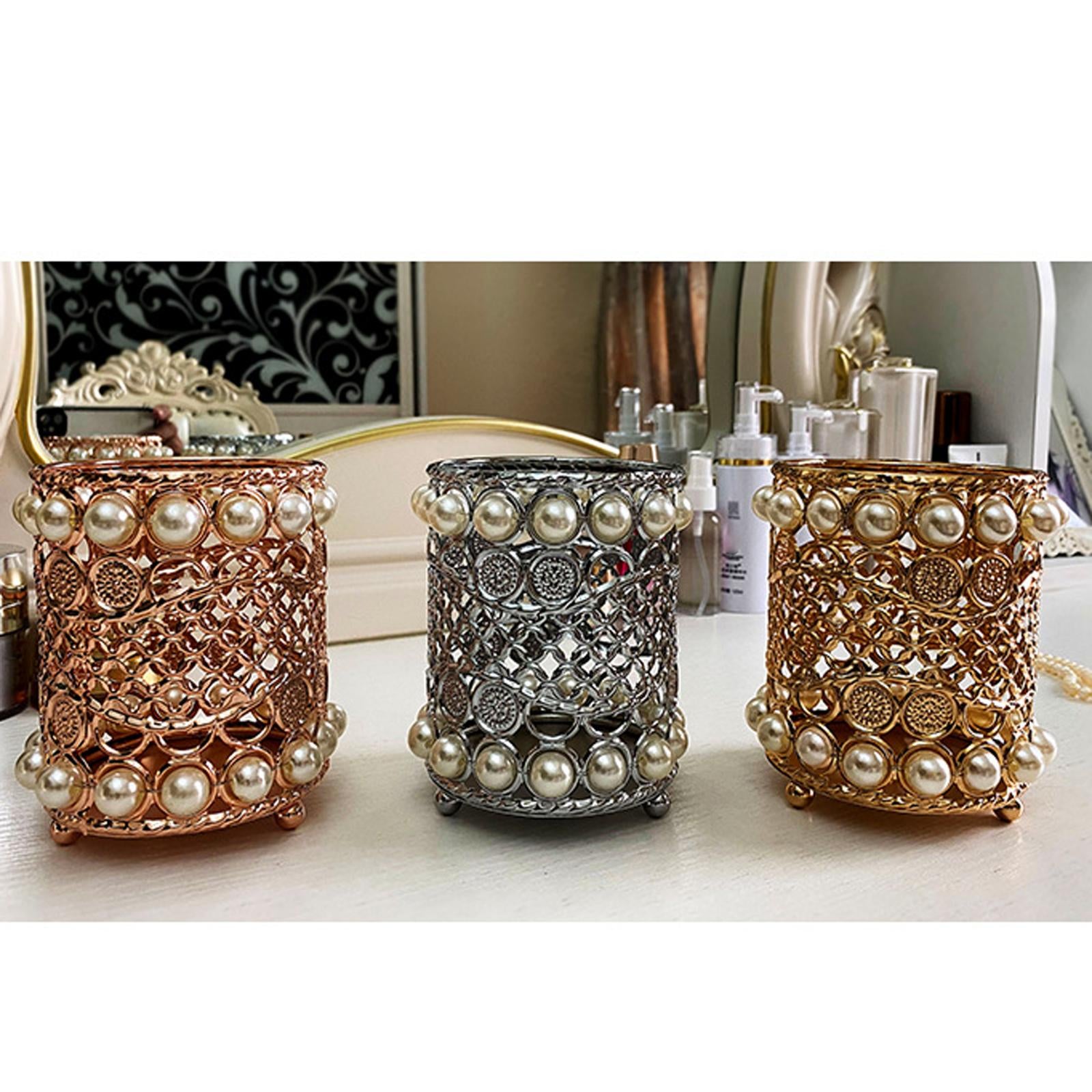 Crystal Makeup Brush Jewelry Storage Holder Pen Container Pearl Rose Gold