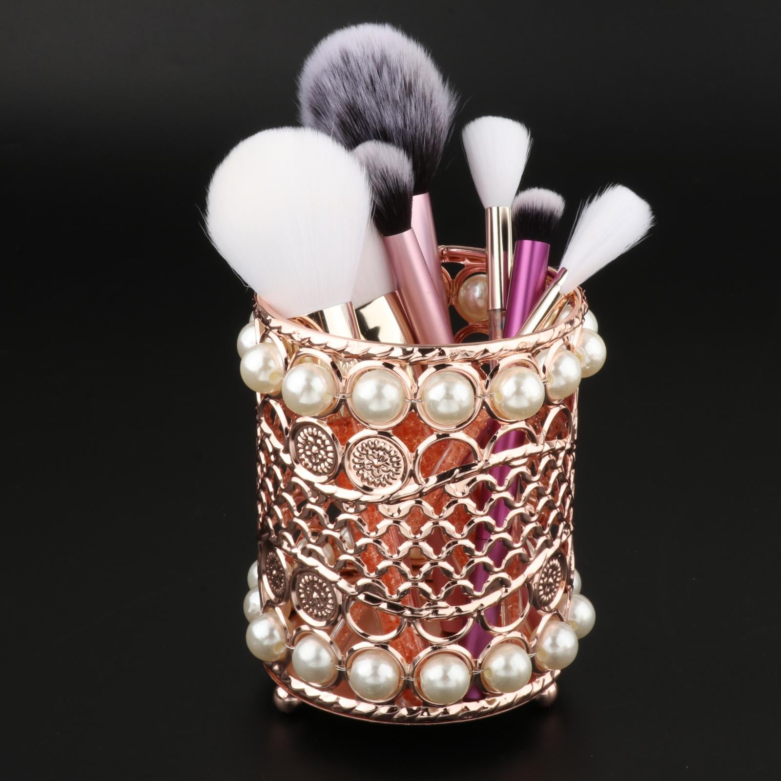 Crystal Makeup Brush Jewelry Storage Holder Pen Container Pearl Rose Gold