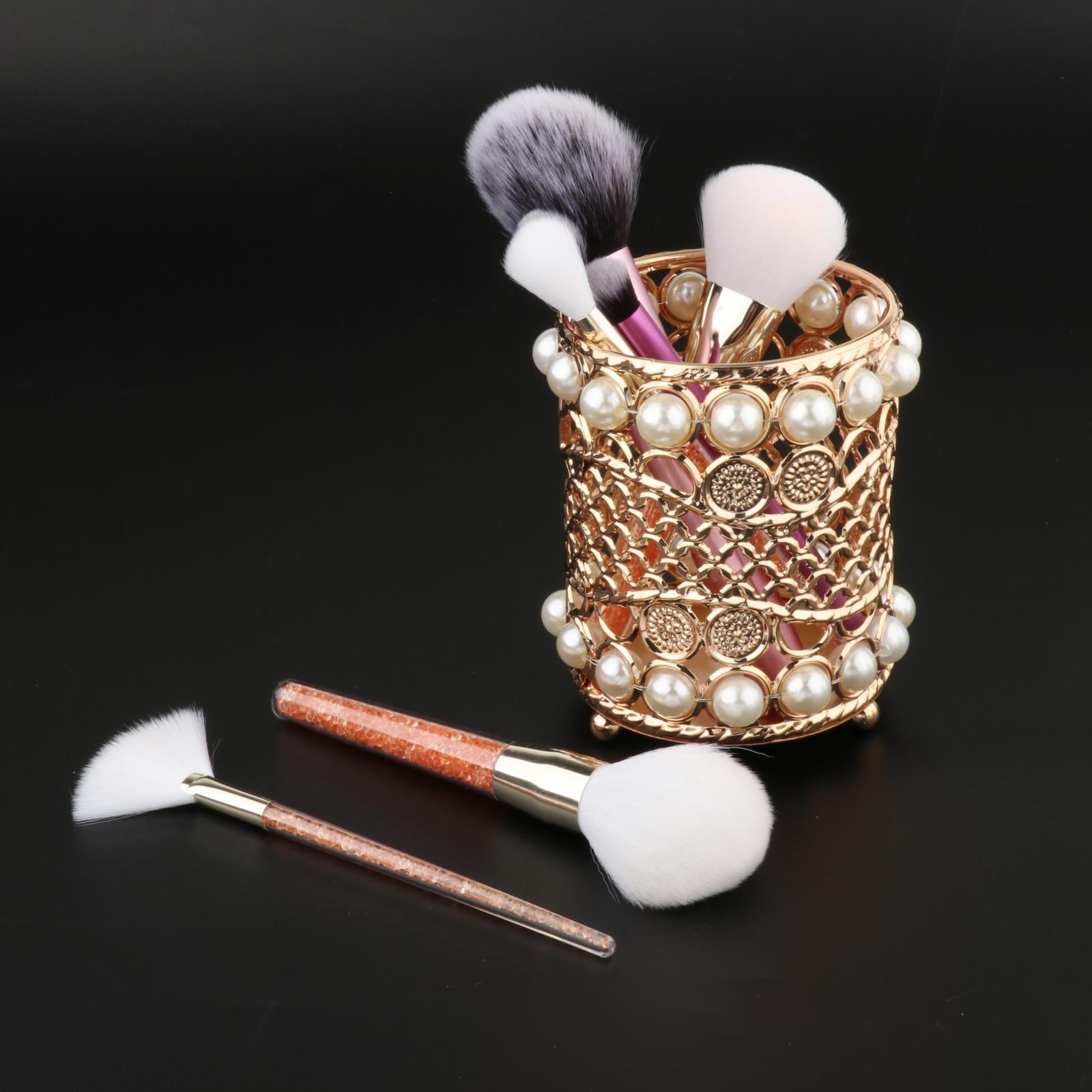 Crystal Makeup Brush Jewelry Storage Holder Pen Container Pearl Gold