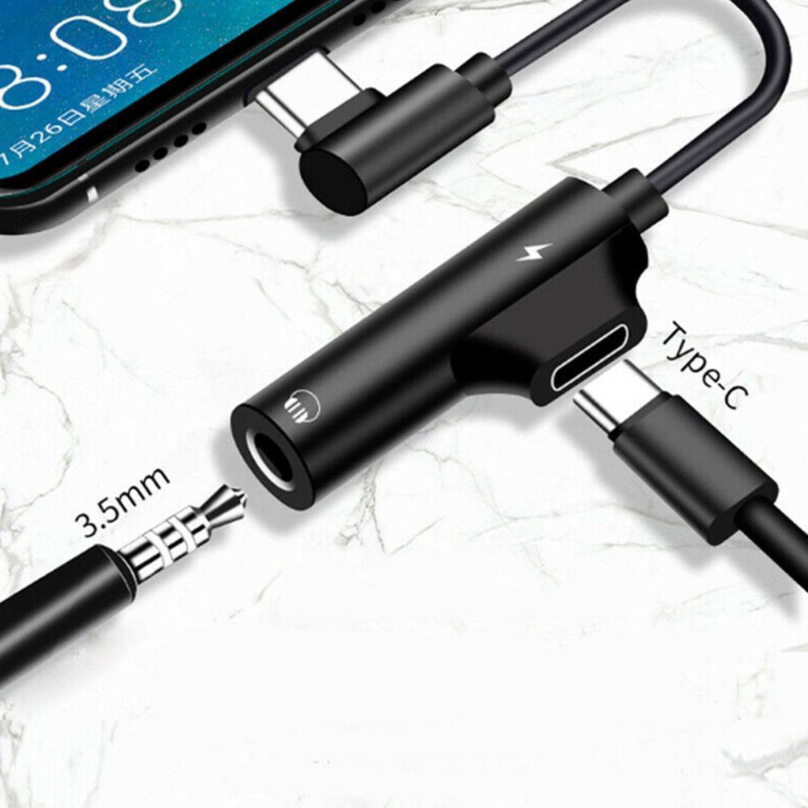 2-in-1 USB-C PD Headphone Jack Adapter for Aux Stereo Earphones black