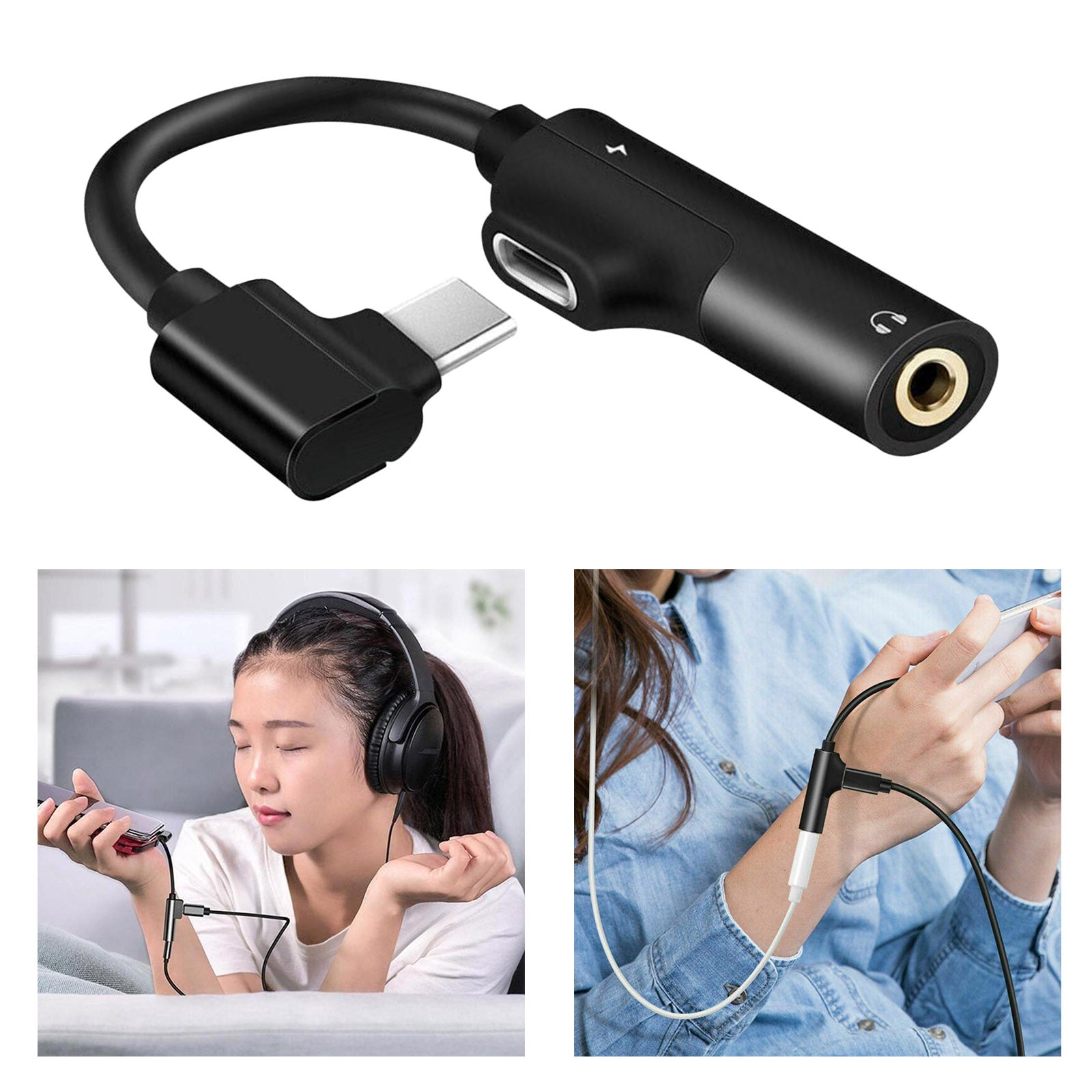 2-in-1 USB-C PD Headphone Jack Adapter for Aux Stereo Earphones black