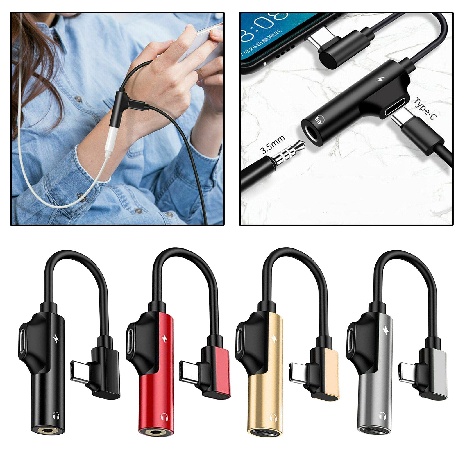 2-in-1 USB-C PD Headphone Jack Adapter for Aux Stereo Earphones black