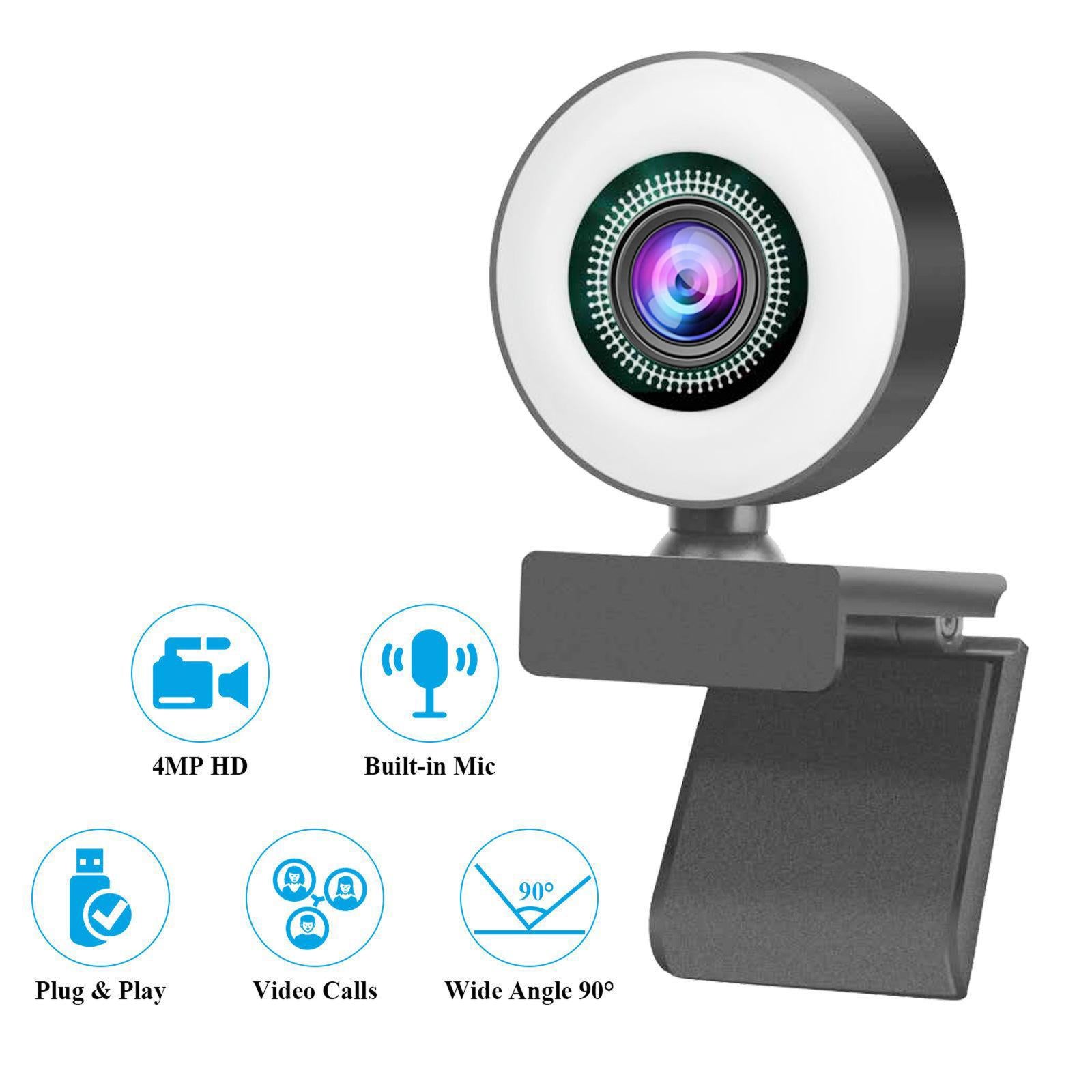 HD USB Webcam Video Record for PC Streaming with Microphone Ring Light 1080P