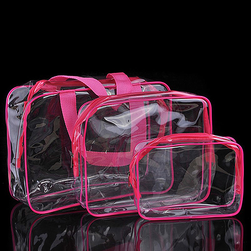 3 Pcs Waterproof Transparent Cosmetic Bags Storage Pouch Makeup Bag Rose Red