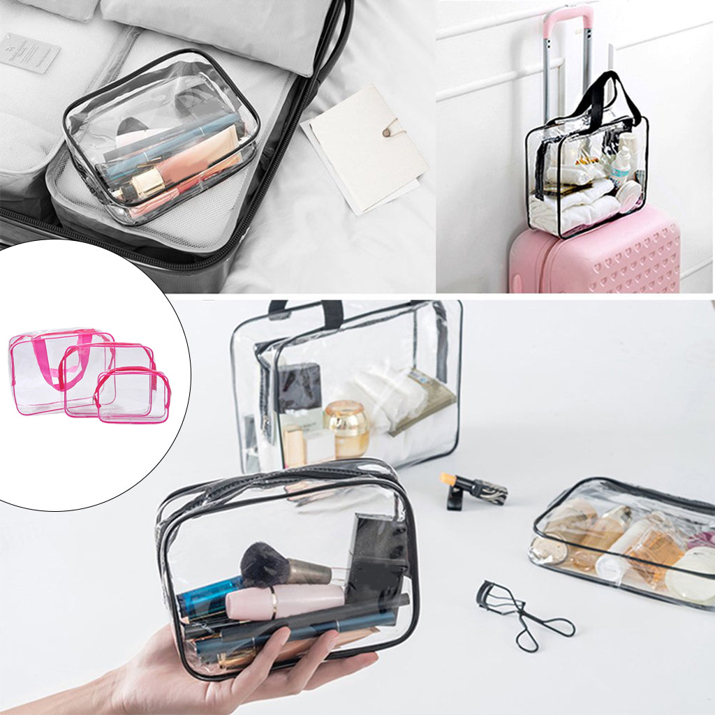 3 Pcs Waterproof Transparent Cosmetic Bags Storage Pouch Makeup Bag Rose Red