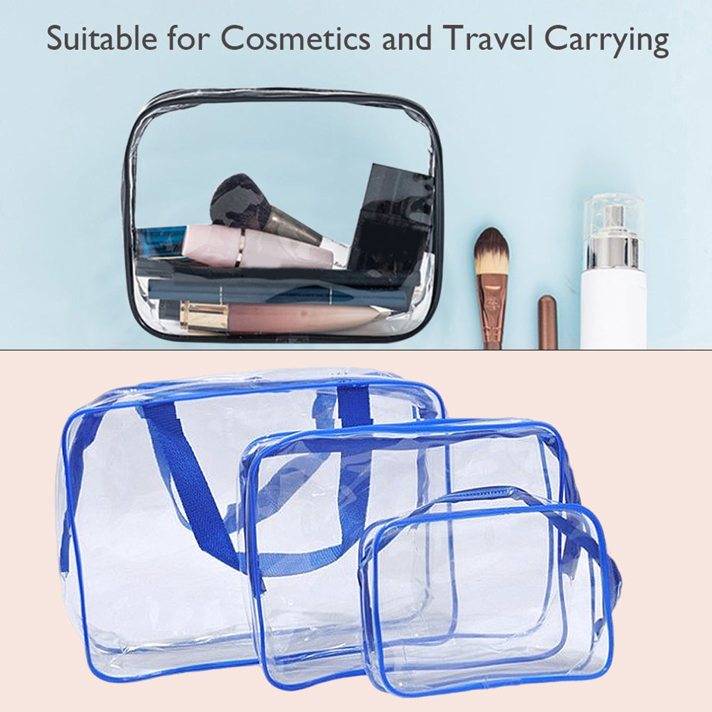 3 Pcs Waterproof Transparent Cosmetic Bags Storage Pouch Makeup Bag Blue