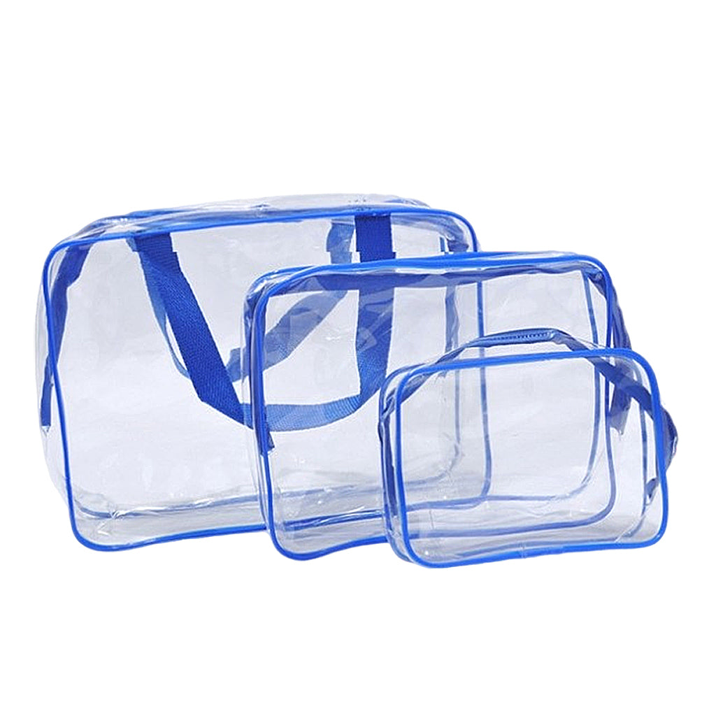 3 Pcs Waterproof Transparent Cosmetic Bags Storage Pouch Makeup Bag Blue