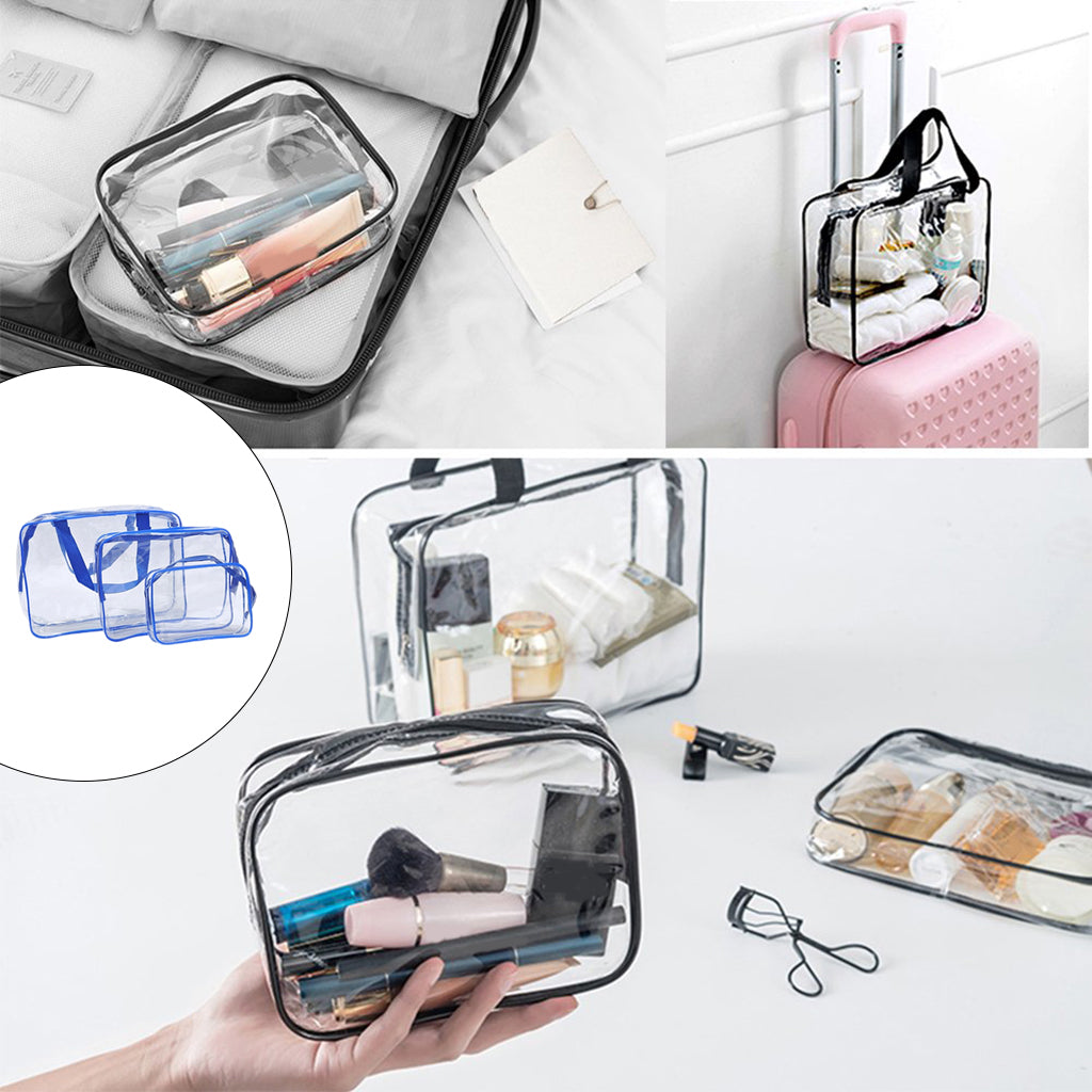 3 Pcs Waterproof Transparent Cosmetic Bags Storage Pouch Makeup Bag Blue