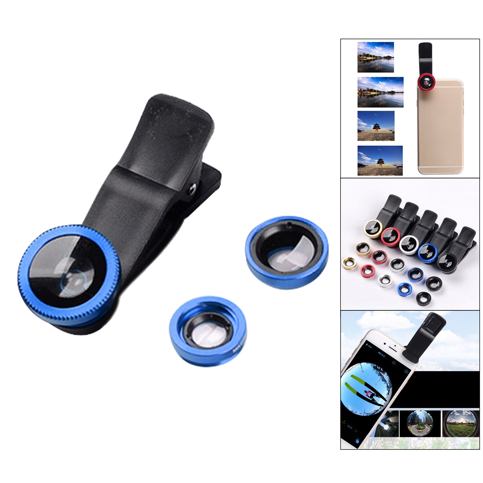 3 in 1 Phone Lens Clip-On Fisheye Lens Wide Angle Lens Macro Lens Blue