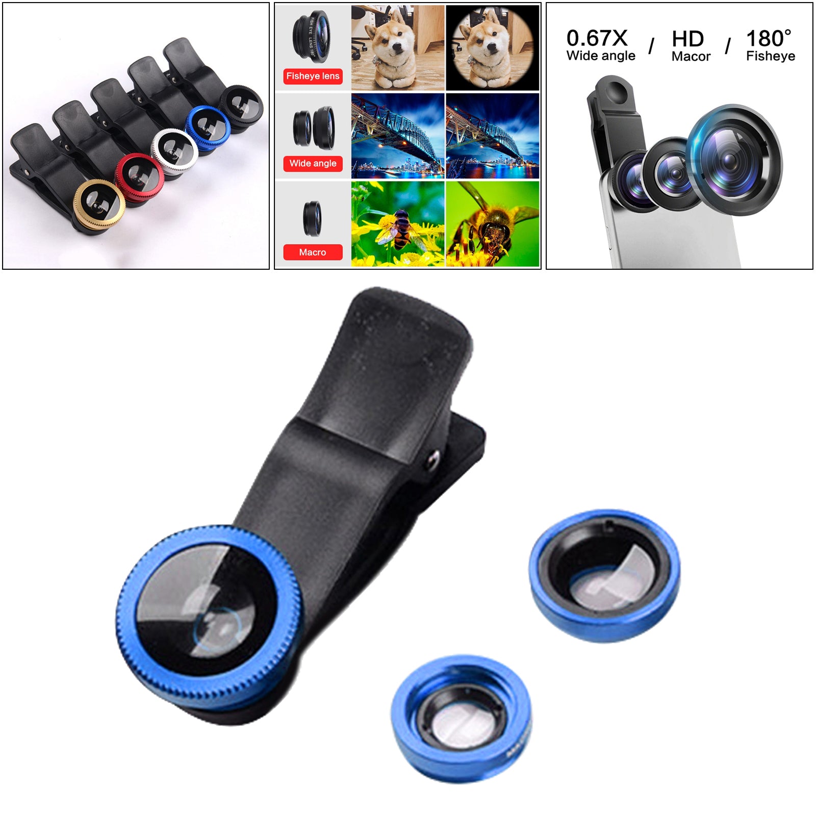 3 in 1 Phone Lens Clip-On Fisheye Lens Wide Angle Lens Macro Lens Blue