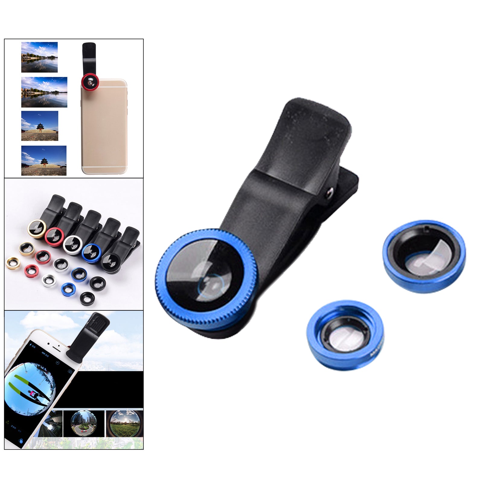3 in 1 Phone Lens Clip-On Fisheye Lens Wide Angle Lens Macro Lens Blue