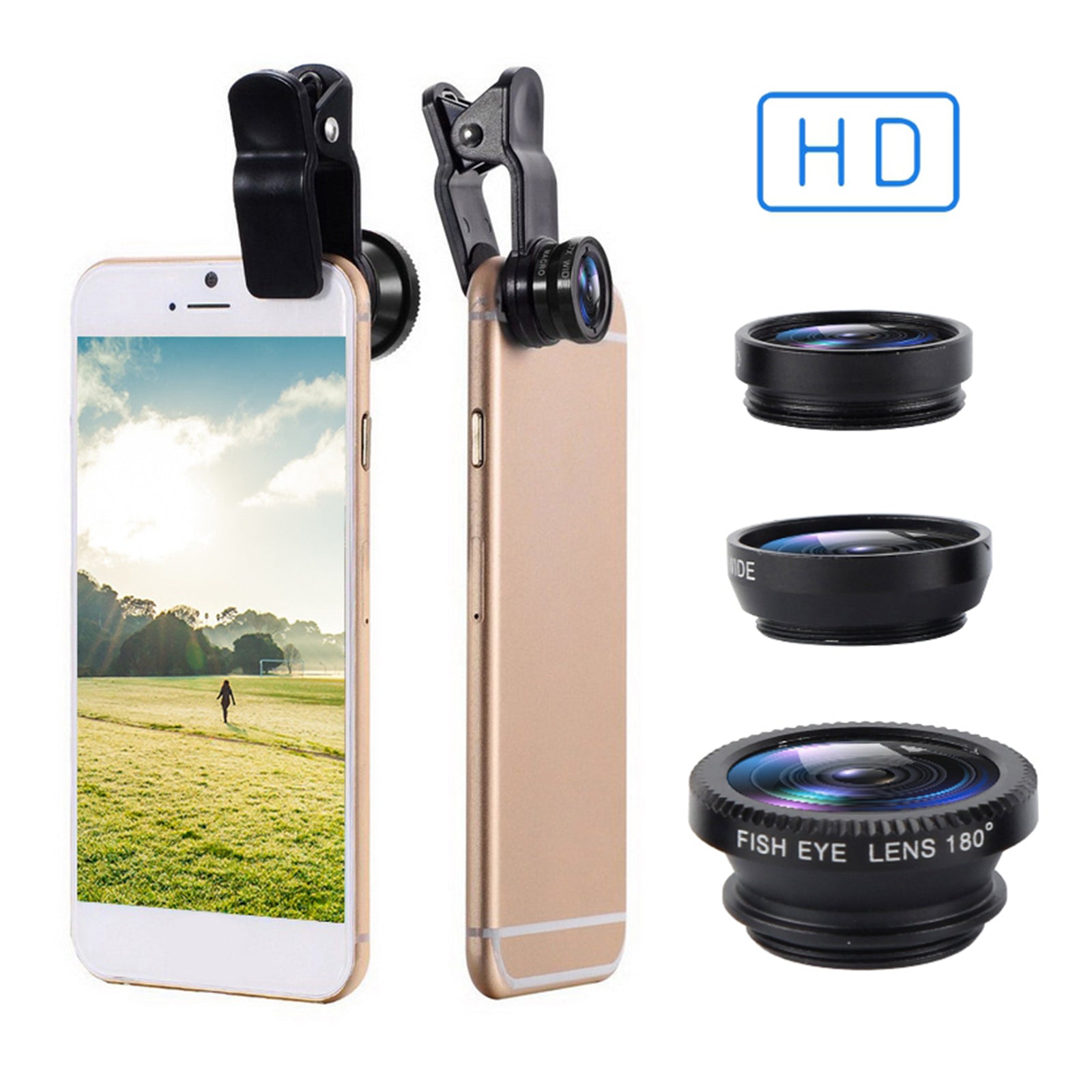 3 in 1 Phone Lens Clip-On Fisheye Lens Wide Angle Lens Macro Lens Blue